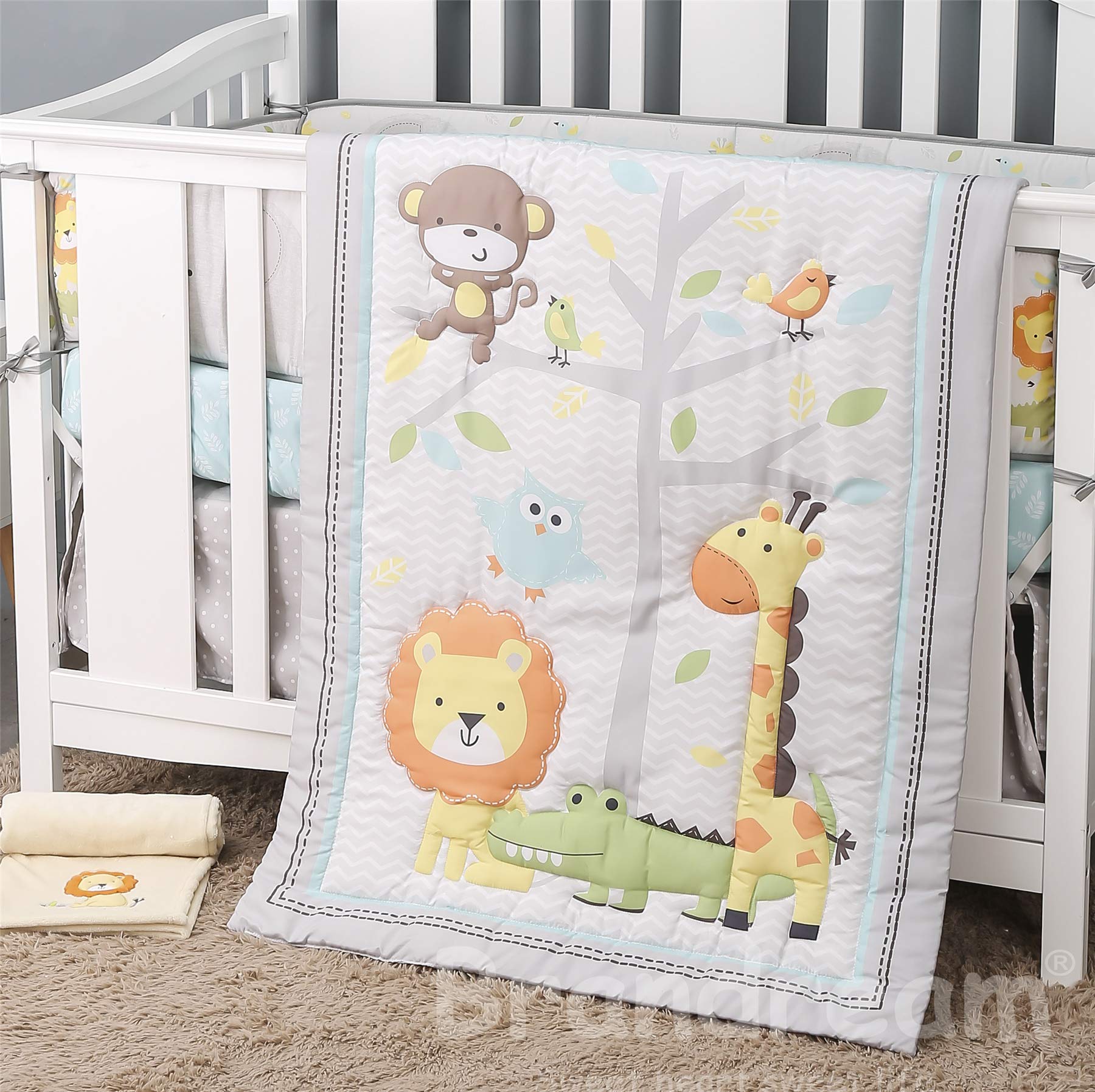 Brandream Safari Animal Nursery Bedding Set - 3 Piece Grey Crib Set with Monkey & Lion Print (Comforter, Fitted Sheet, Crib Skirt) - Perfect for Jungle Themed Baby Rooms & Nursery Decor