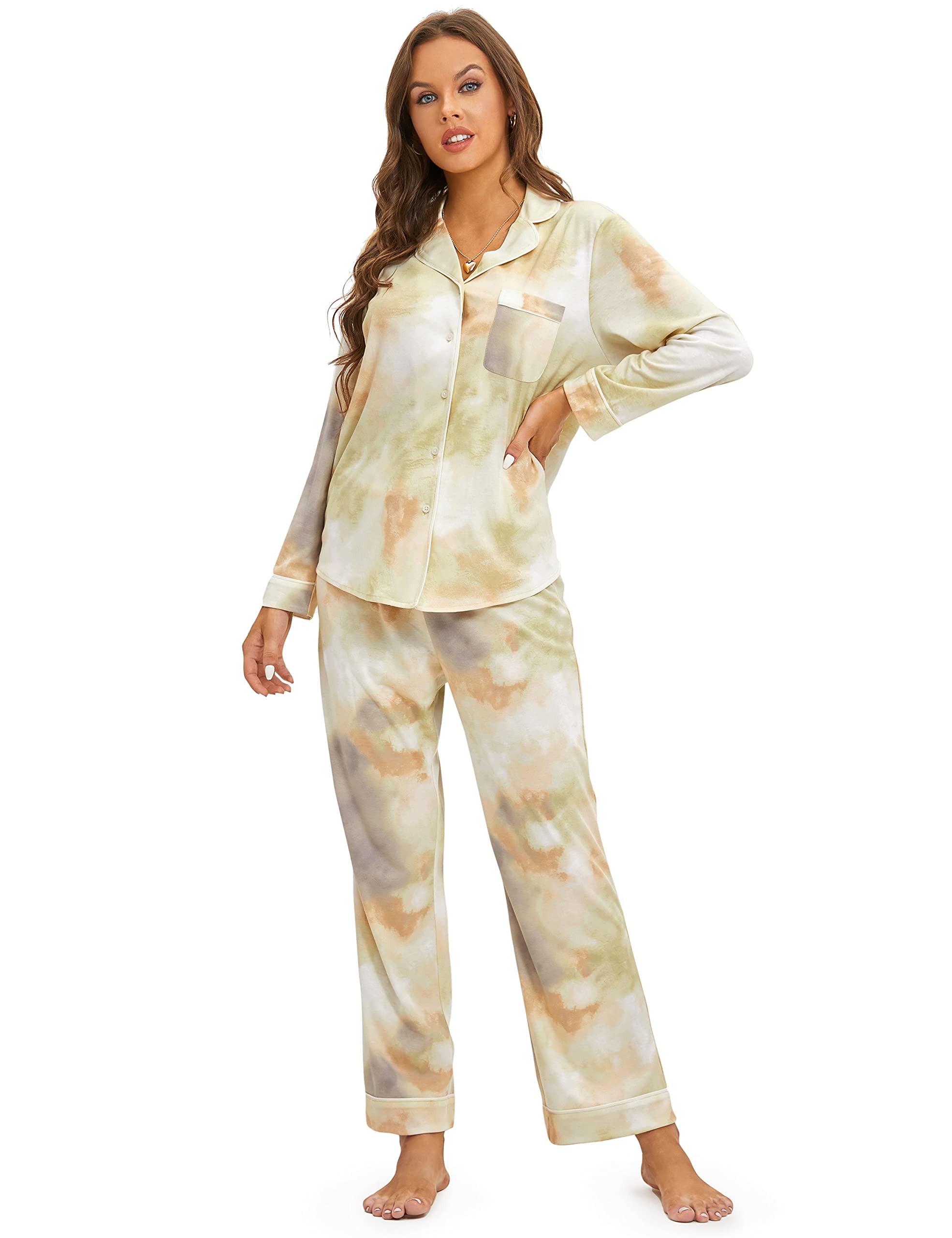Dobreva Women's Cotton Pajama Set - Soft & Comfortable 2-Piece Lounge Wear with Long Sleeve & Button Up Top - Perfect for Sleepwear, Relaxing at Home, and Cozy Nights