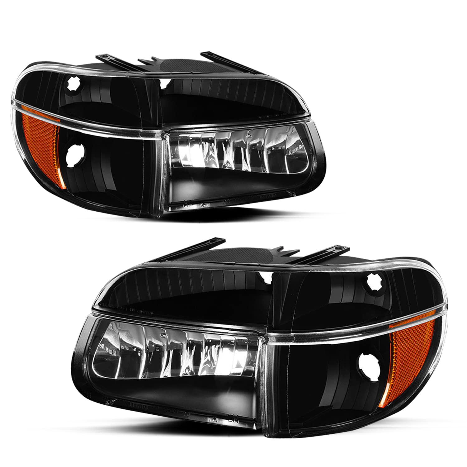 JSBOYAT Headlight Assembly Replacement for 1995-2001 Ford Explorer & 1997 Mercury Mountaineer - Driver & Passenger Side with Corner Lights (4-Piece Set, Black Housing & Amber Reflector) - Perfect for Night Driving & Off-Road Adventures