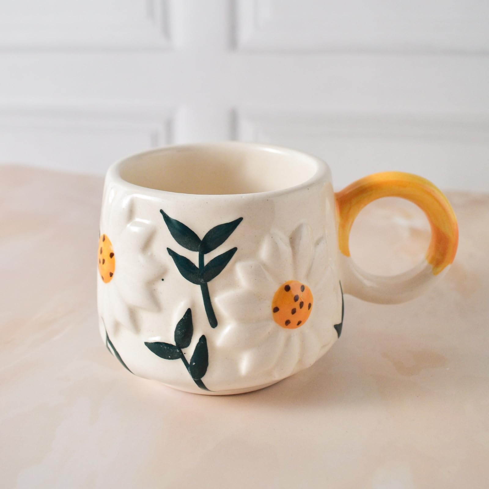 QSHI Handmade Ceramic Coffee Mug - 250ml Sunflower Design, Microwave & Dishwasher Safe - Perfect for Tea, Milk, Cold Brew & Gifts - Ideal for Home, Office & Best Friend Presents