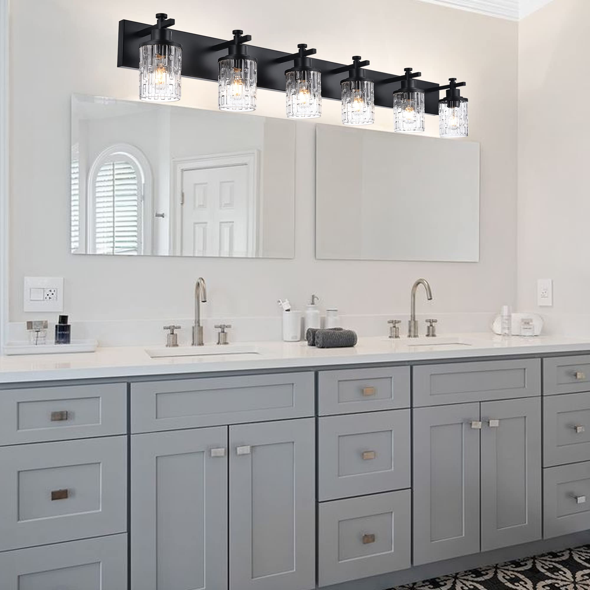 MELUCEE 6-Light Matte Black Industrial Vanity Lighting Fixture with Clear Grid Glass Shade - Modern Bathroom Wall Light for Mirror Cabinet, Powder Room, Kitchen & Foyer | Perfect for Home Decor & Interior Lighting