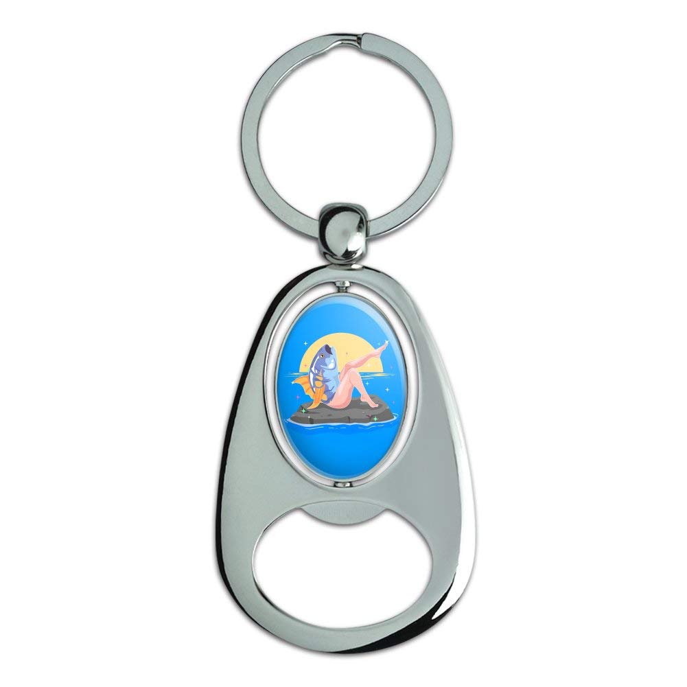 Reverse Mermaid with Tuna Head Keychain - Chrome Metal Spinning Oval Bottle Opener for Beer & Soda - Unique Funny Gifts for Mermaid Lovers, Beach Parties & Fantasy Collectors