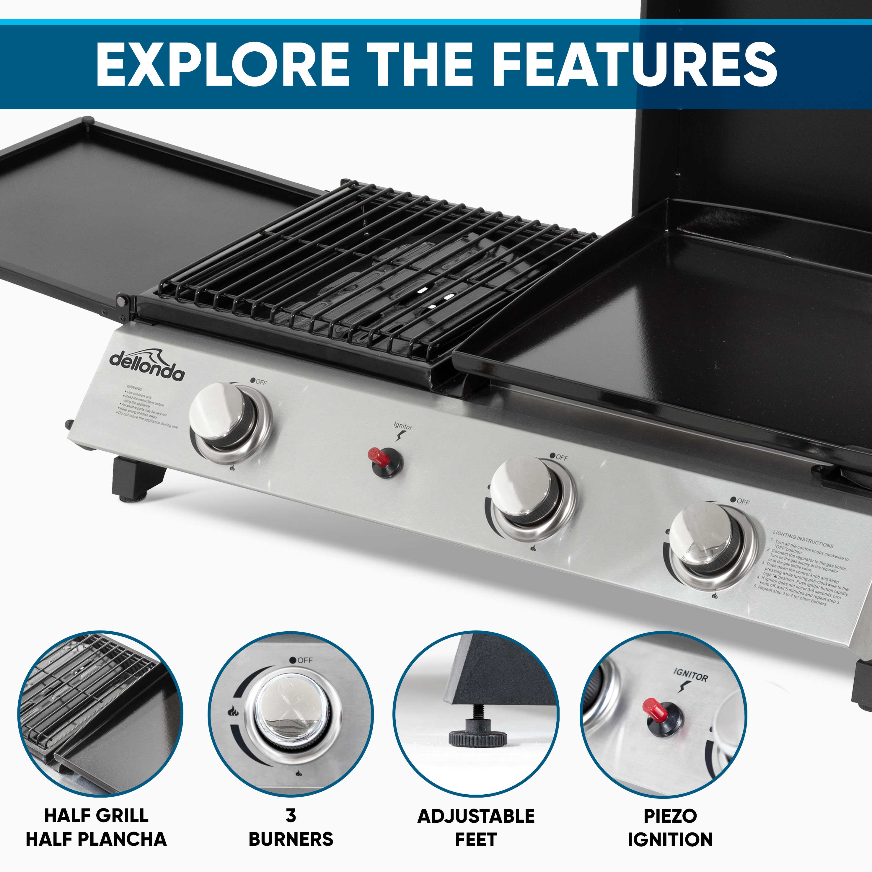 2+1 Burner Portable Gas Grill & Griddle - 8.5kW Stainless Steel Outdoor BBQ Hot Plate for Camping, Tailgating & Backyard Cooking (Model DG276)