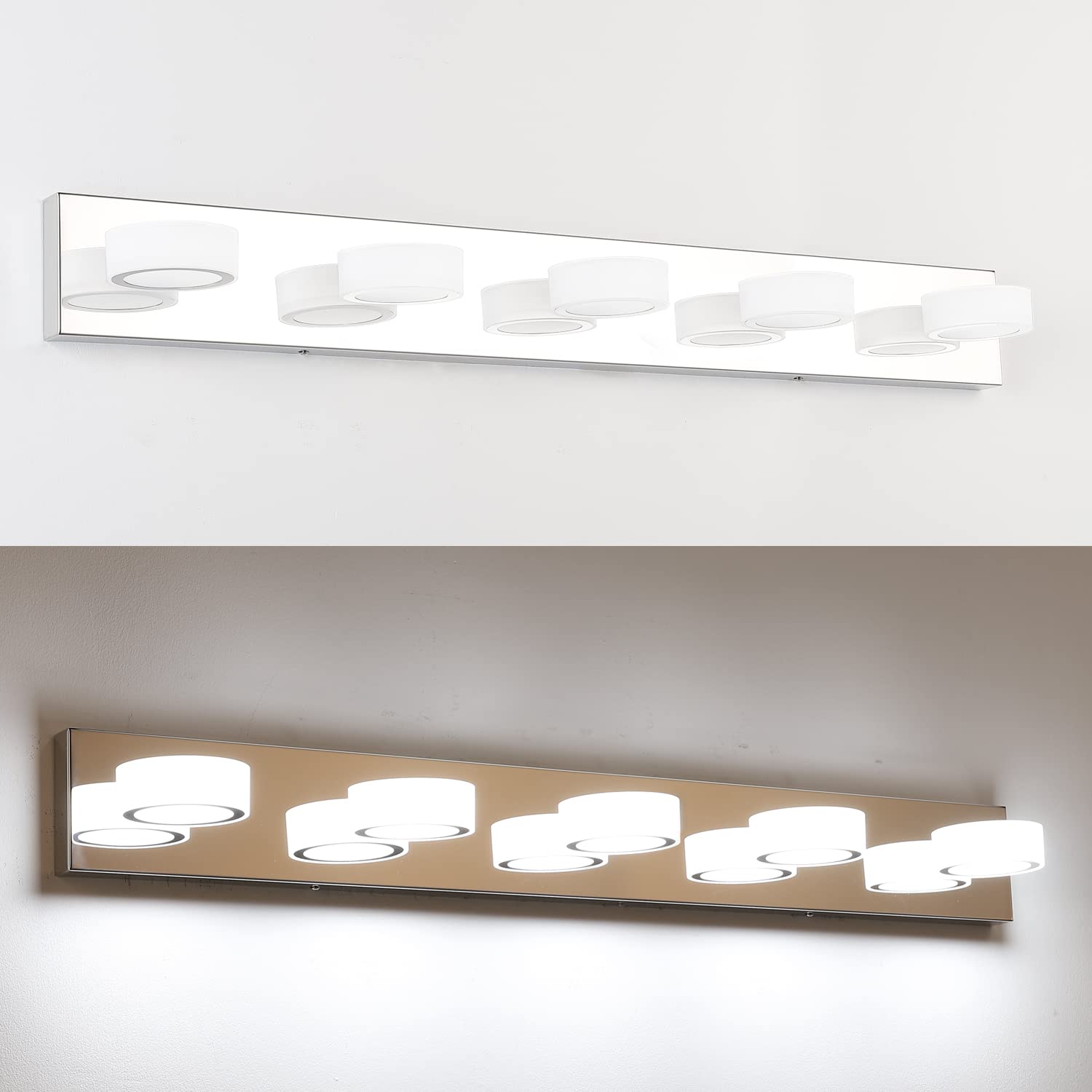 SOLFART 37 Inch Modern LED Vanity Light - 5 Light White Rotating Round Acrylic with Chrome Base - Bathroom Mirror Lighting Fixture for Makeup & Shaving - Perfect for Bedroom, Dressing Room & Spa Areas