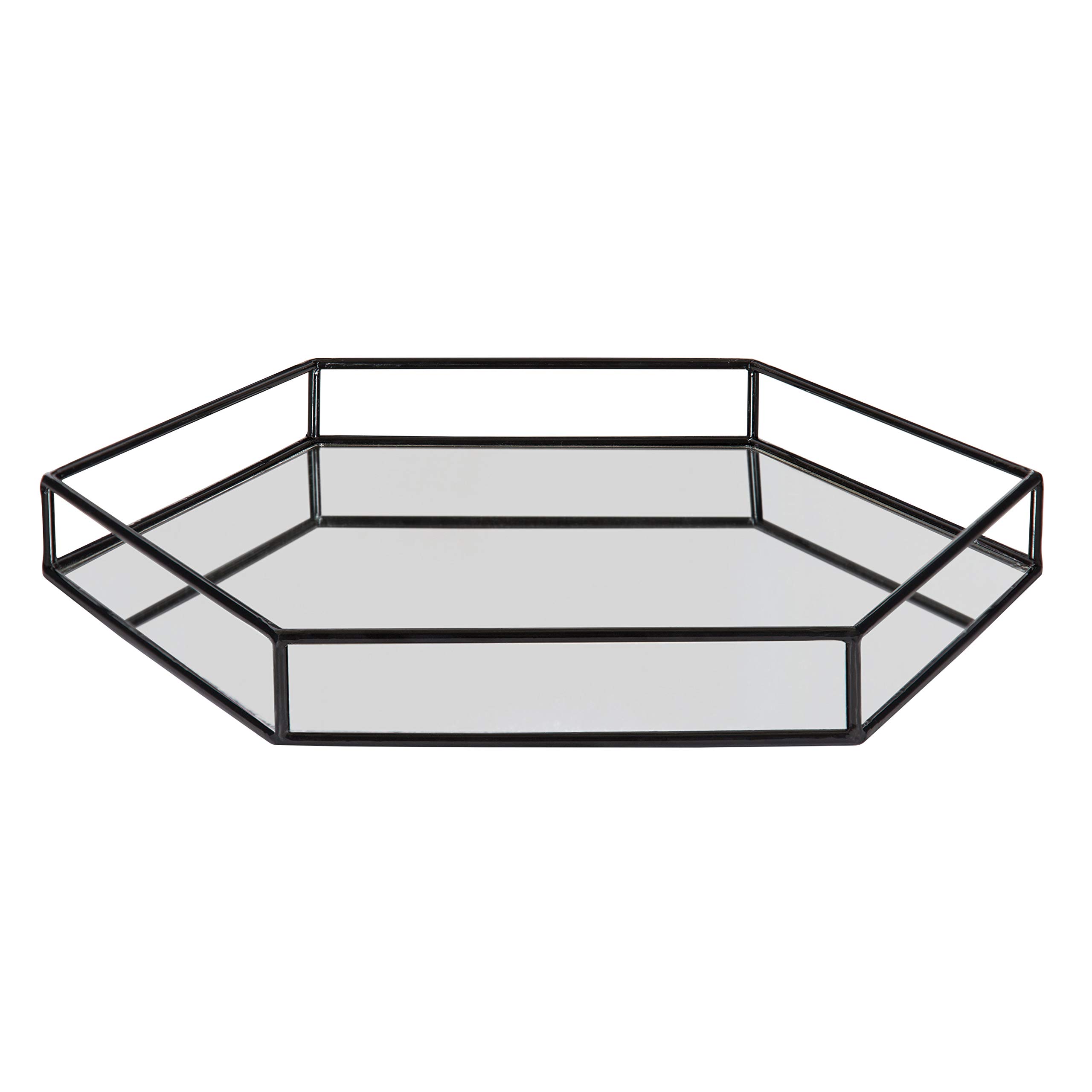 Kate and Laurel Felicia Modern Glam Hexagon Vanity Tray - Decorative Metal & Mirror Storage Organizer for Jewelry, Makeup, Perfume - Elegant Black Bathroom & Dresser Decor