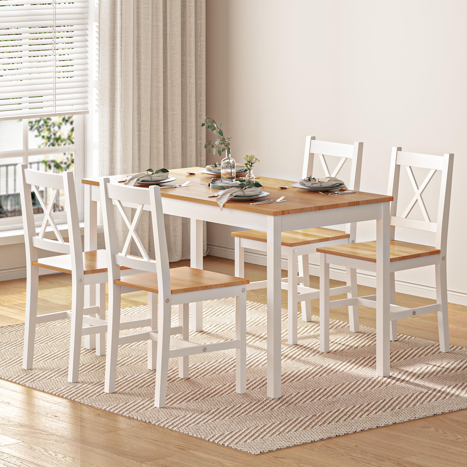 5-Piece Wooden Dining Table Set for 4 - SogesPower Kitchen Table with 4 Chairs, White & Oak Finish - Perfect for Small Spaces, Apartments, Restaurants & Cozy Dining Rooms