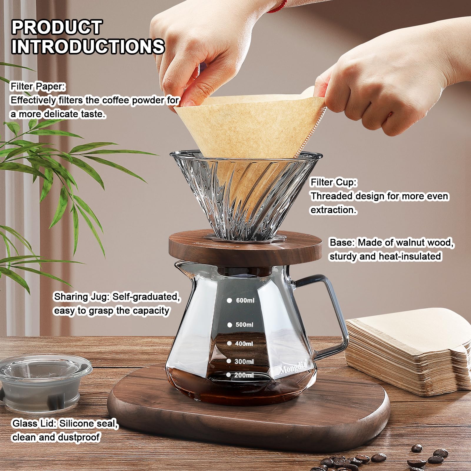 Premium Pour Over Coffee Maker Set - 20oz Borosilicate Glass Dripper with Walnut Handle & Glass Lid, Includes 100pcs V60 Paper Filters (600ml, Gray) - Perfect for Home Brewing, Café & Restaurant Use