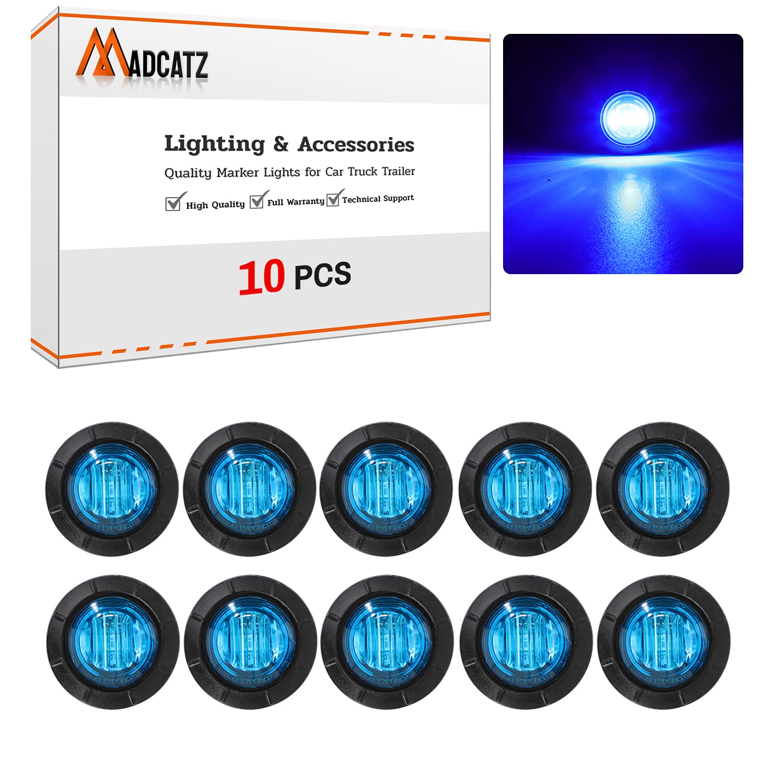 MADCATZ 10-Pack 3/4 Inch Round Blue LED Clearance Side Marker Lights - 3 Diodes with Grommets, Waterproof 12V DC for Trailer, Truck, Tractor, Bus & Boat | Durable Lighting for Night Safety & Vehicle Visibility