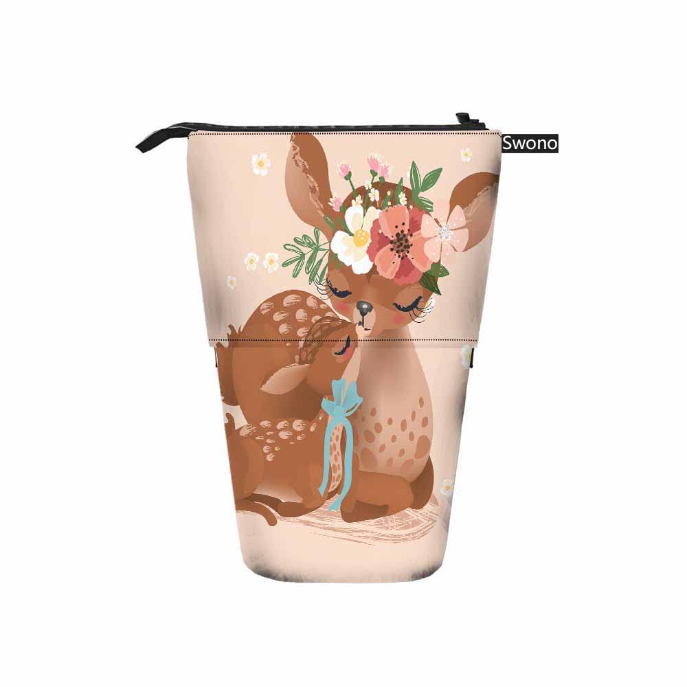 Swono Deer Mother & Kids Pencil Pouch - Cute Retro Fawn Stand Up Pencil Case Organizer, Pencil Holder & Makeup Bag Gift (Beige) - Perfect for School, Office & Travel Organization