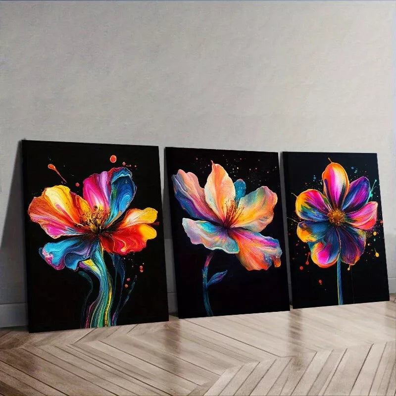 3-Piece Colorful Flower Black Background Wall Art Set - Framed Canvas Prints 40x60cm - High Quality Australian Made - Ready to Hang - Perfect for Living Room, Bedroom & Office Decor