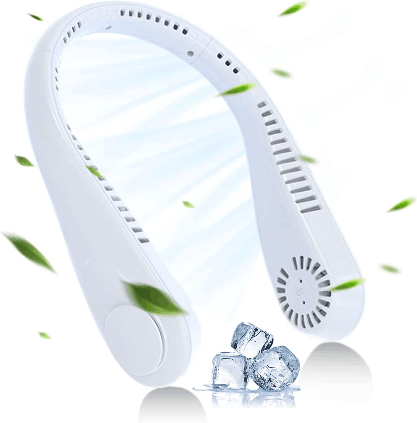 Hands-Free Leafless Neck Fan - Portable Wearable Personal Fan with 3 Speed Settings & Headphone Design - Ideal for Outdoor Sports, Travel, Office & Home Use (White)