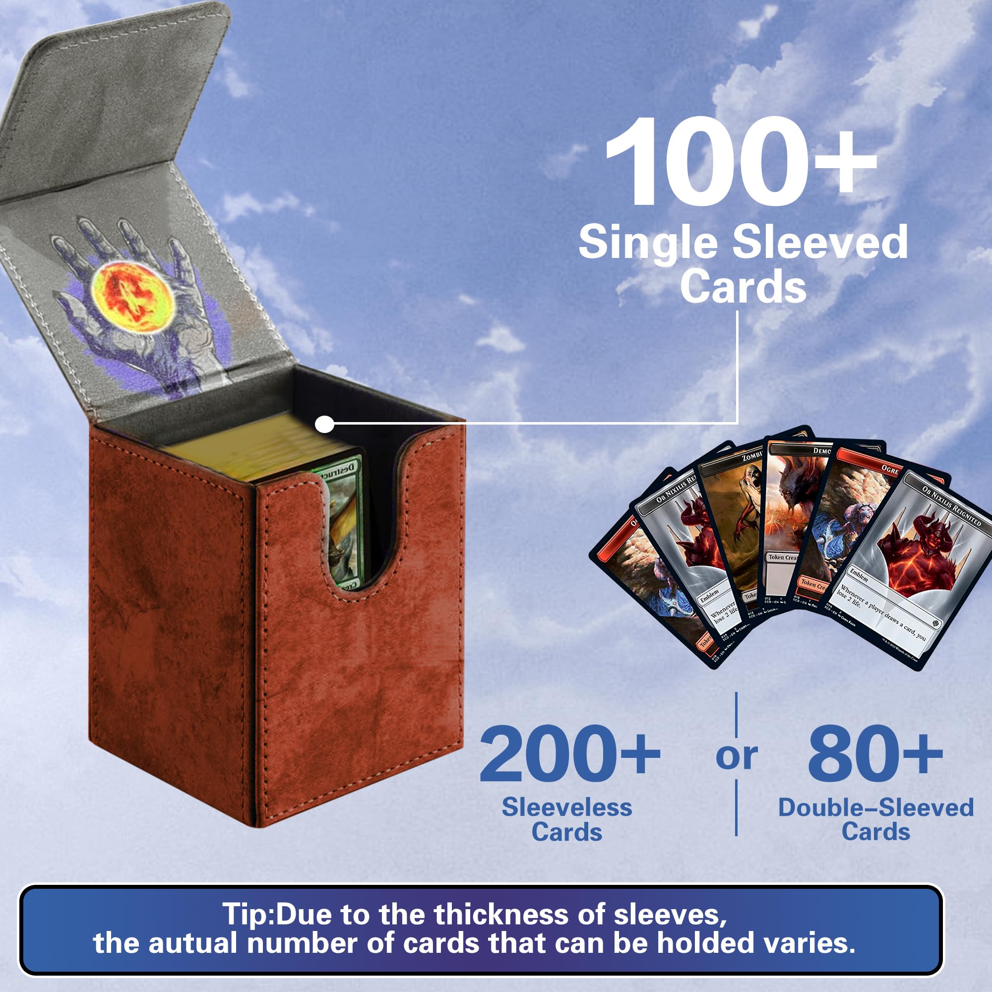 Premium MTG Card Deck Box - Holds 100+ Single Sleeved Cards | Durable PU Leather with Strong Magnet Closure | Perfect for Commander, TCG, MTG Card Storage & Organization (Brick Red, Tree Design) - Great for Game Nights, Travel & Collectible Card Protection
