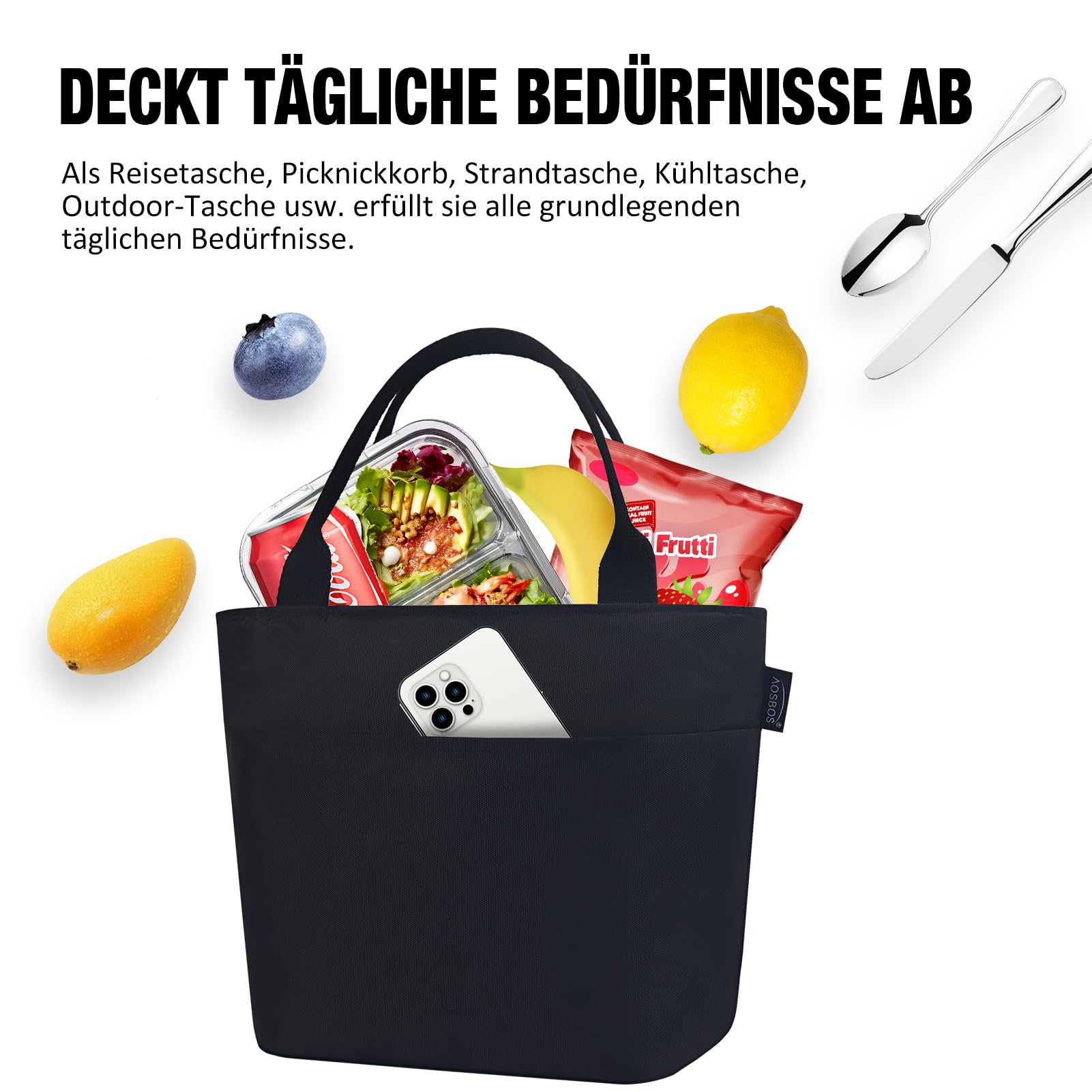 Portable Insulated Lunch Bag for Work & School - Lightweight, Foldable & Waterproof Cooler Tote with Zipper (Black) - Perfect for Picnics, Office Meals & Outdoor Activities