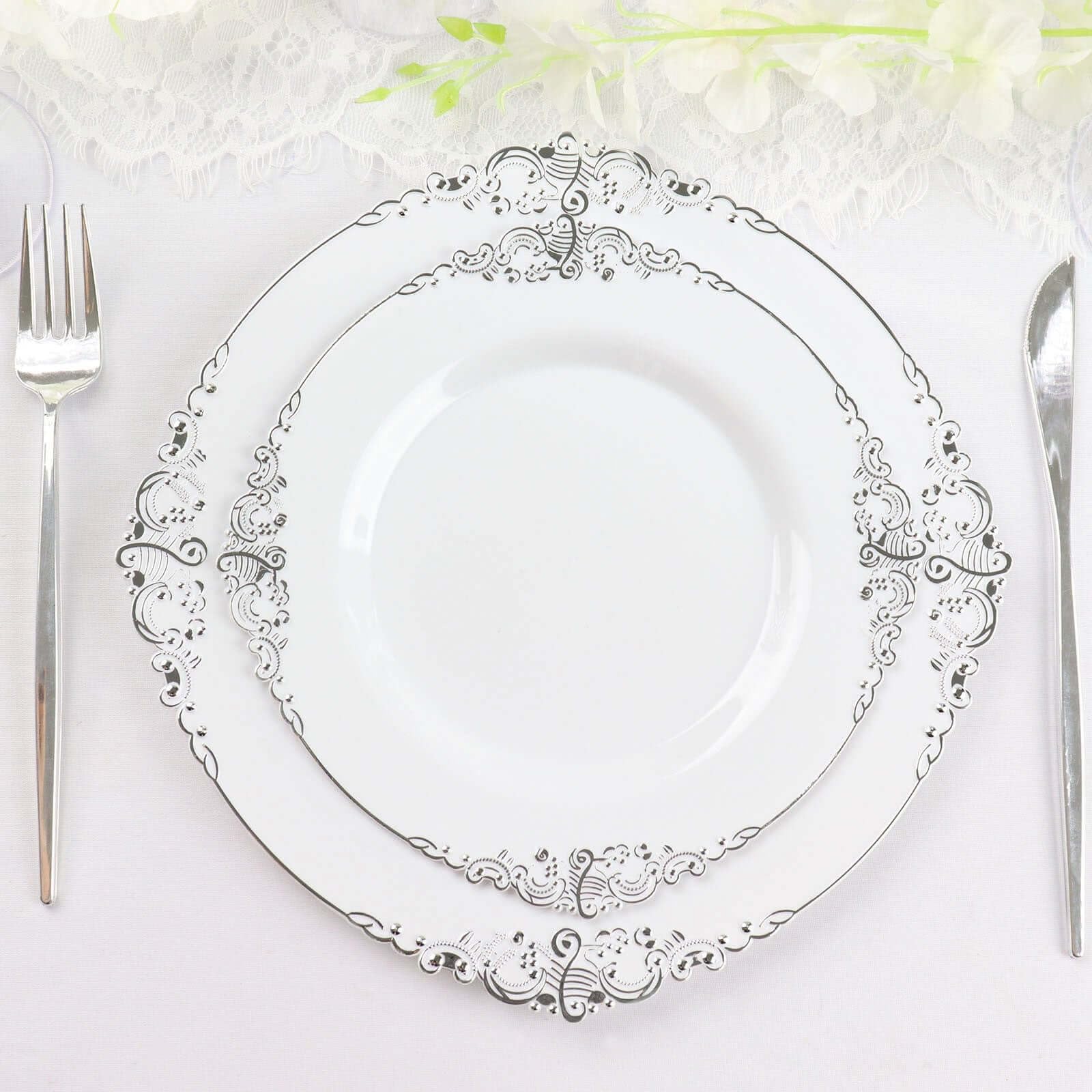Efavormart 10 Pack White Silver Baroque 8 Inch Round Plastic Dessert Salad Plates - Disposable Elegant Tableware with Leaf Embossed Gold Rim for Parties, Weddings, and Special Events