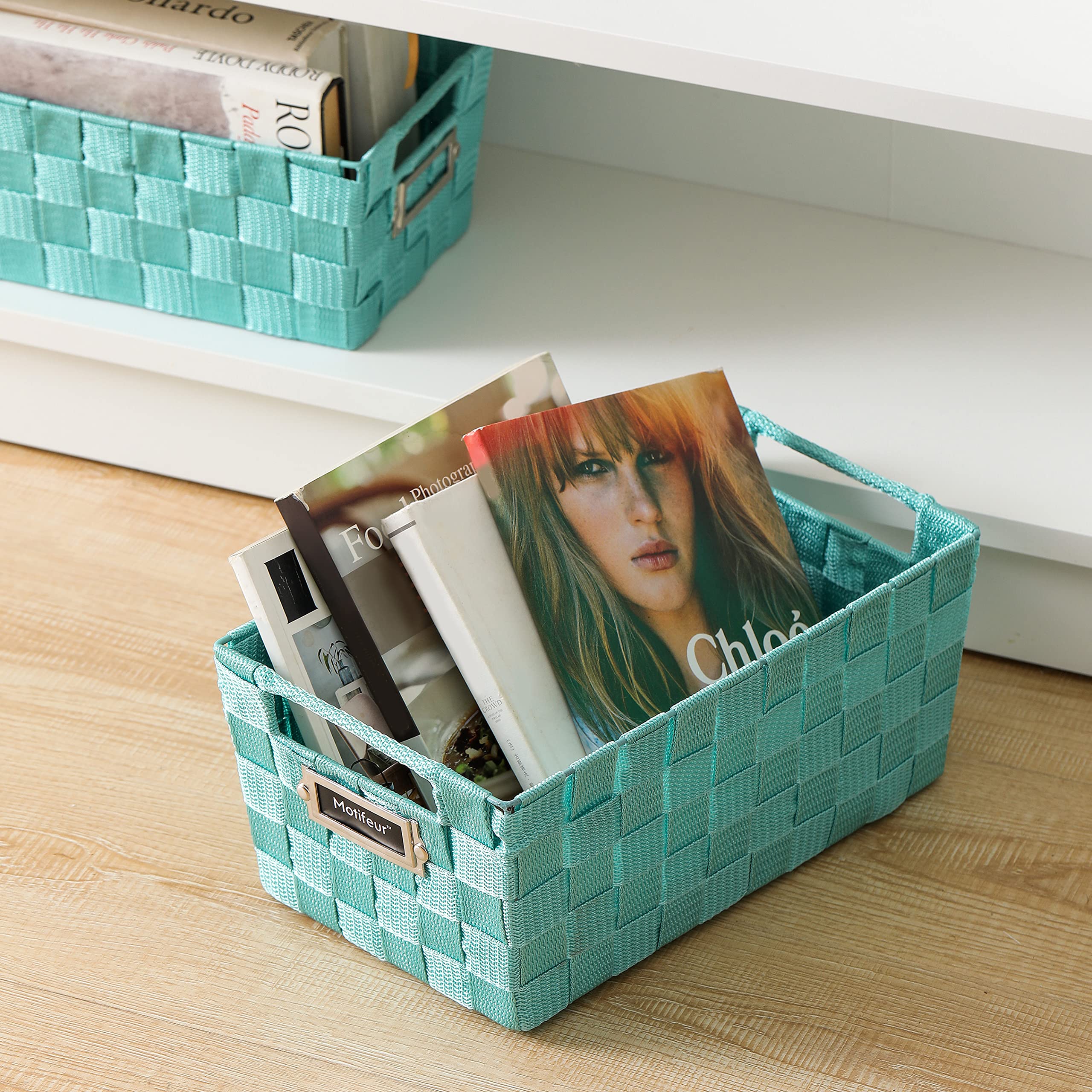 Decorative Woven Storage Baskets Set of 3 - Handmade Nesting Bins with Cutout Handles & Labels for Bathroom Countertop, Shelves, Closet & Pantry Organization | Perfect for Home Decor, Laundry Room & Bedroom Storage (Green)
