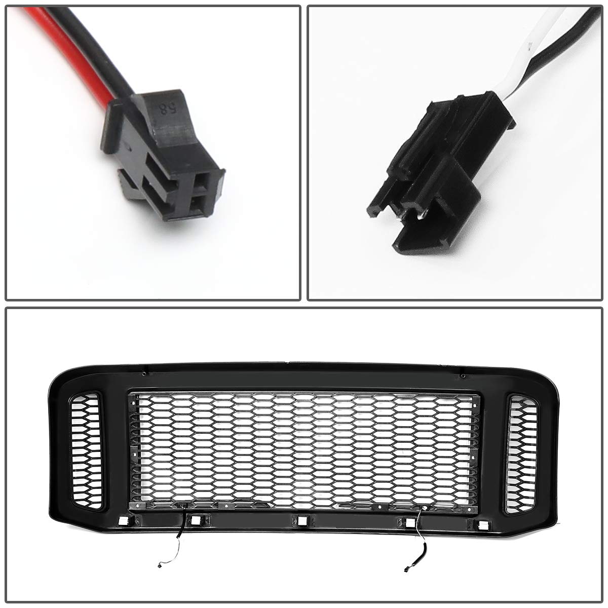 DNA MOTORING GRF-LB-017-BK Gloss Black Badgeless Diamond Mesh LED Front Bumper Grille for 2005-2007 Ford Excursion, F-250 SD/F-350 SD/F-450 SD/F-550 SD - Upgrade Your Truck's Style & Lighting for Off-Road & Custom Builds
