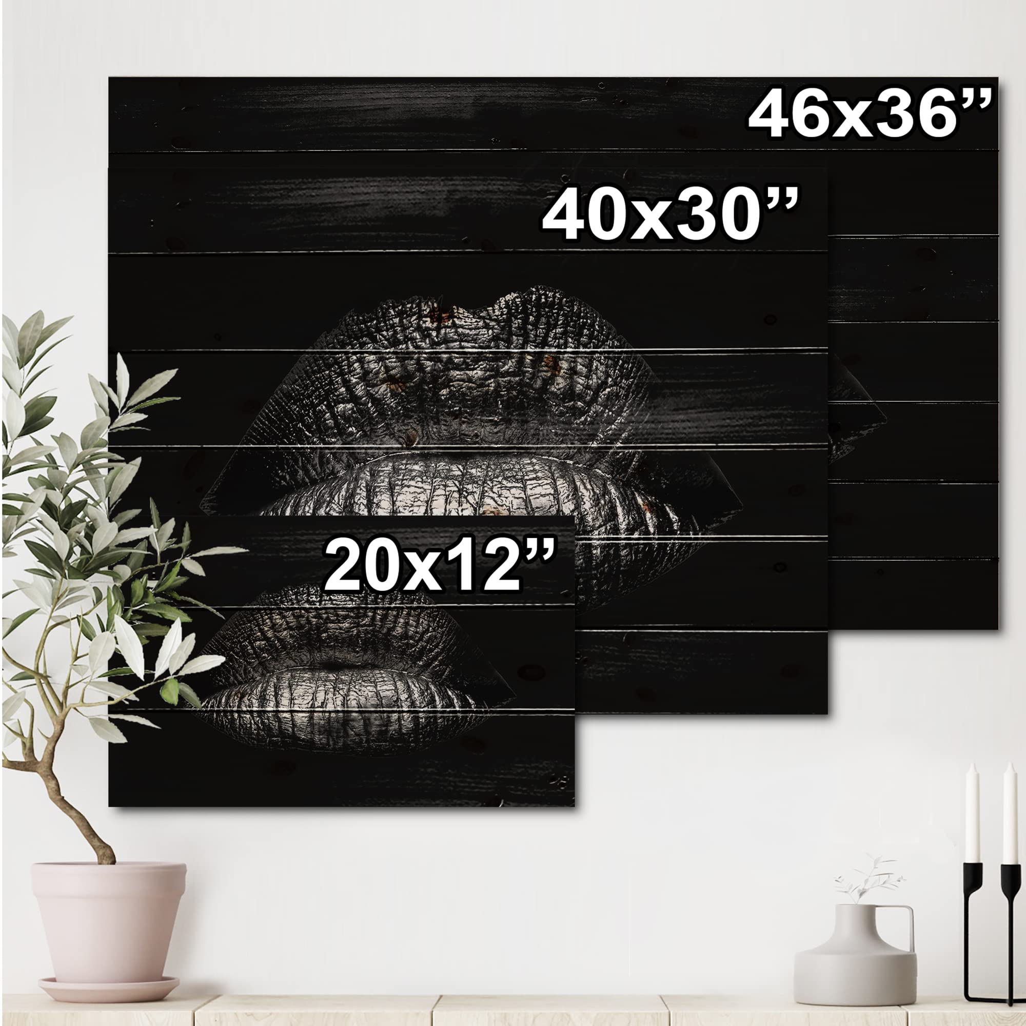 Golden Metallized Lips Wood Wall Art - Modern Home Decor for Living Room