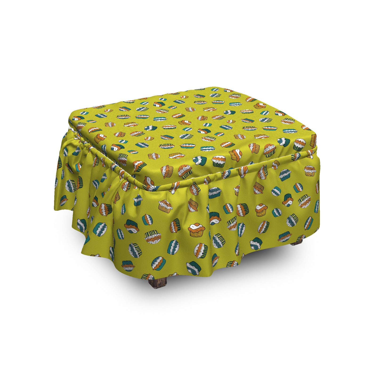 Ambesonne 2-Piece Cupcake Ottoman Slipcover Set with Ruffle Skirt - Pastry Cream Muffin Topping Design, Square/Round Cube Footstool Cover, Standard Size in Apple Green Multicolor - Perfect for Living Room, Bedroom & Nursery Decor