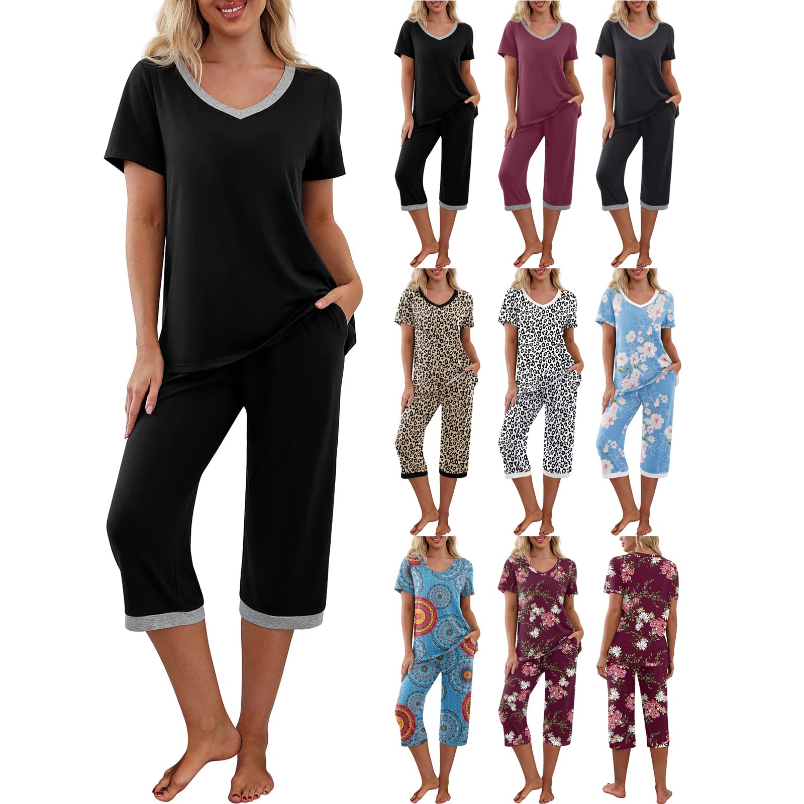 Franhais Women's Short Sleeve V-Neck Pajama Set - 2 Piece Lounge Sleepwear with Pockets | Soft & Comfortable PJS Outfit for Sleeping, Lounging at Home, and Relaxing