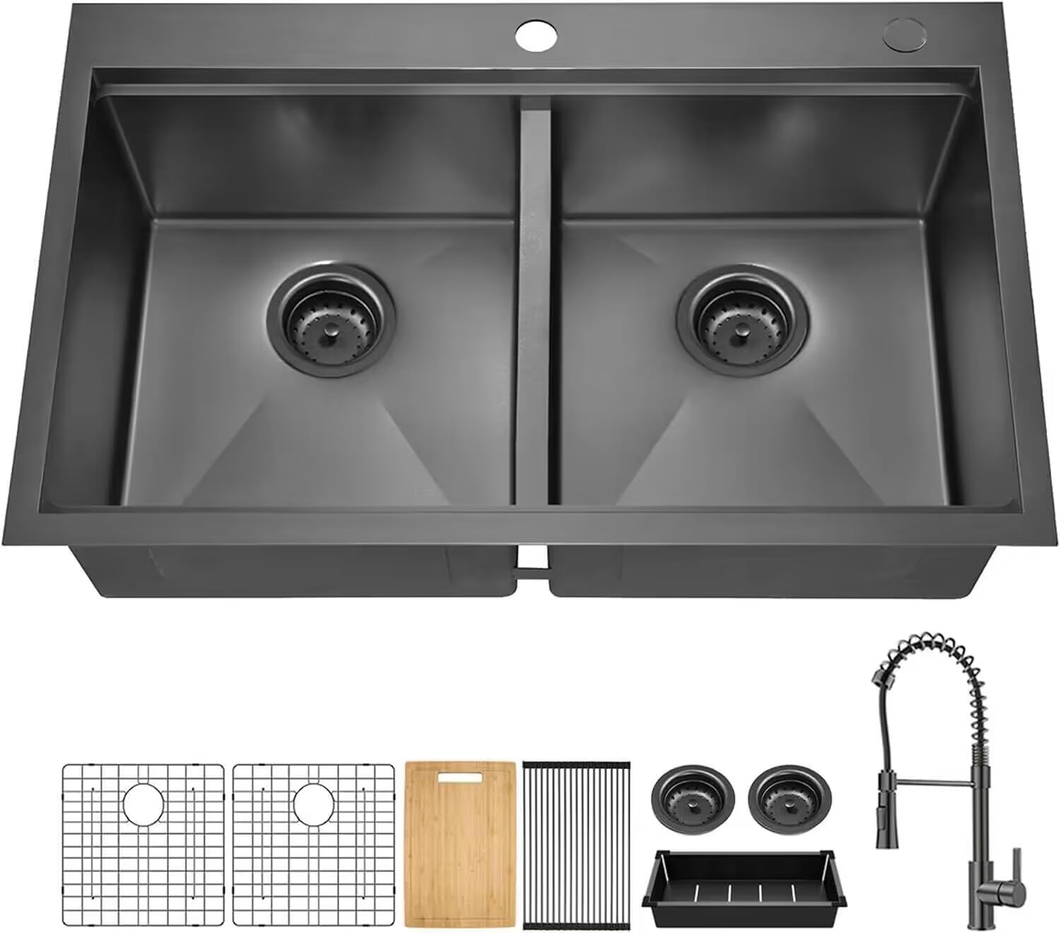 33 Inch Drop-in Gunmetal Black Stainless Steel Double Bowl Kitchen Sink with Black Spring Neck Faucet - Dual Mount Workstation for Modern Homes, Perfect for Busy Cooks and Large Meal Prep
