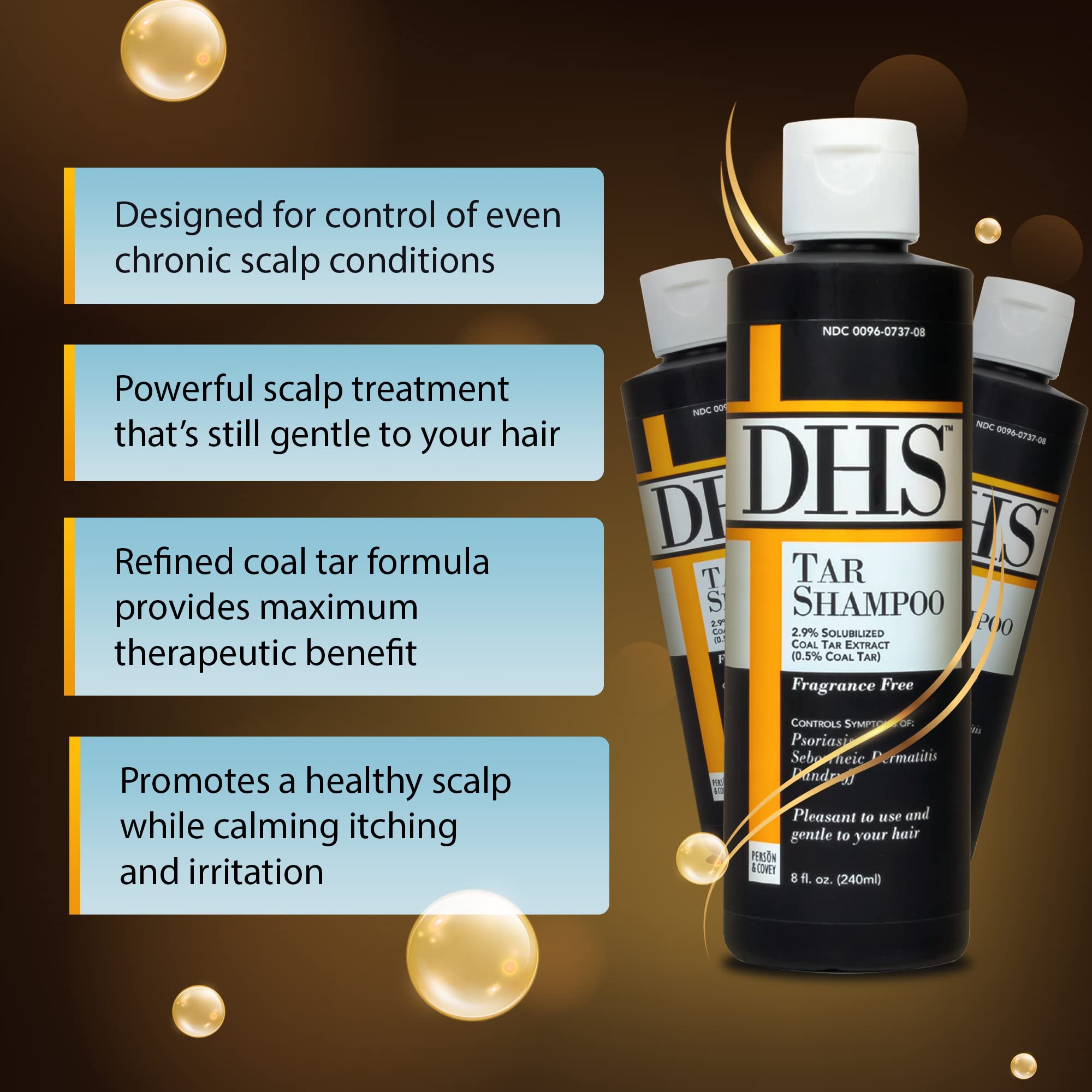 DHS Coal Tar Shampoo for Dandruff & Psoriasis Relief - Unscented Medicated Shampoo for Men & Women - Itchy Scalp Treatment for Seborrheic Dermatitis - 8 Fl Oz (Pack of 3) - Ideal for Daily Scalp Care & Flake Control