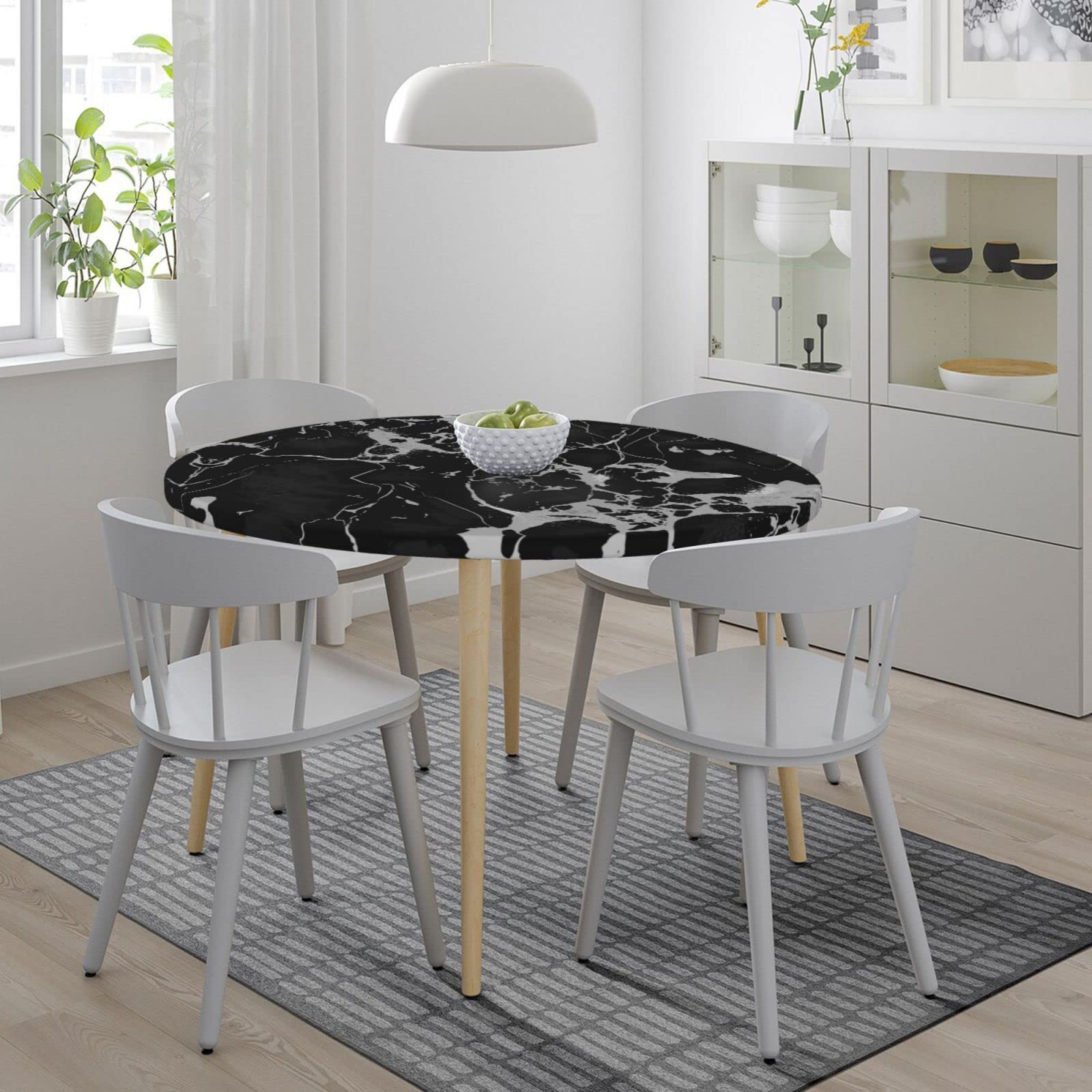 Fiokroo Black Marble Texture Elastic Edge Round Tablecloth - Washable & Reusable Table Cover for Kitchen, Dining, Party, Picnic (Small) - Perfect for Indoor and Outdoor Gatherings
