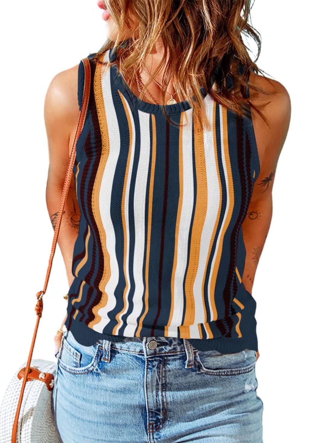 BLENCOT Women's Summer Color Block Striped Knit Tank Top - Crewneck Sleeveless Camisole with Ruffle Hem, Casual Tunic for Beach, Vacation & Everyday Wear