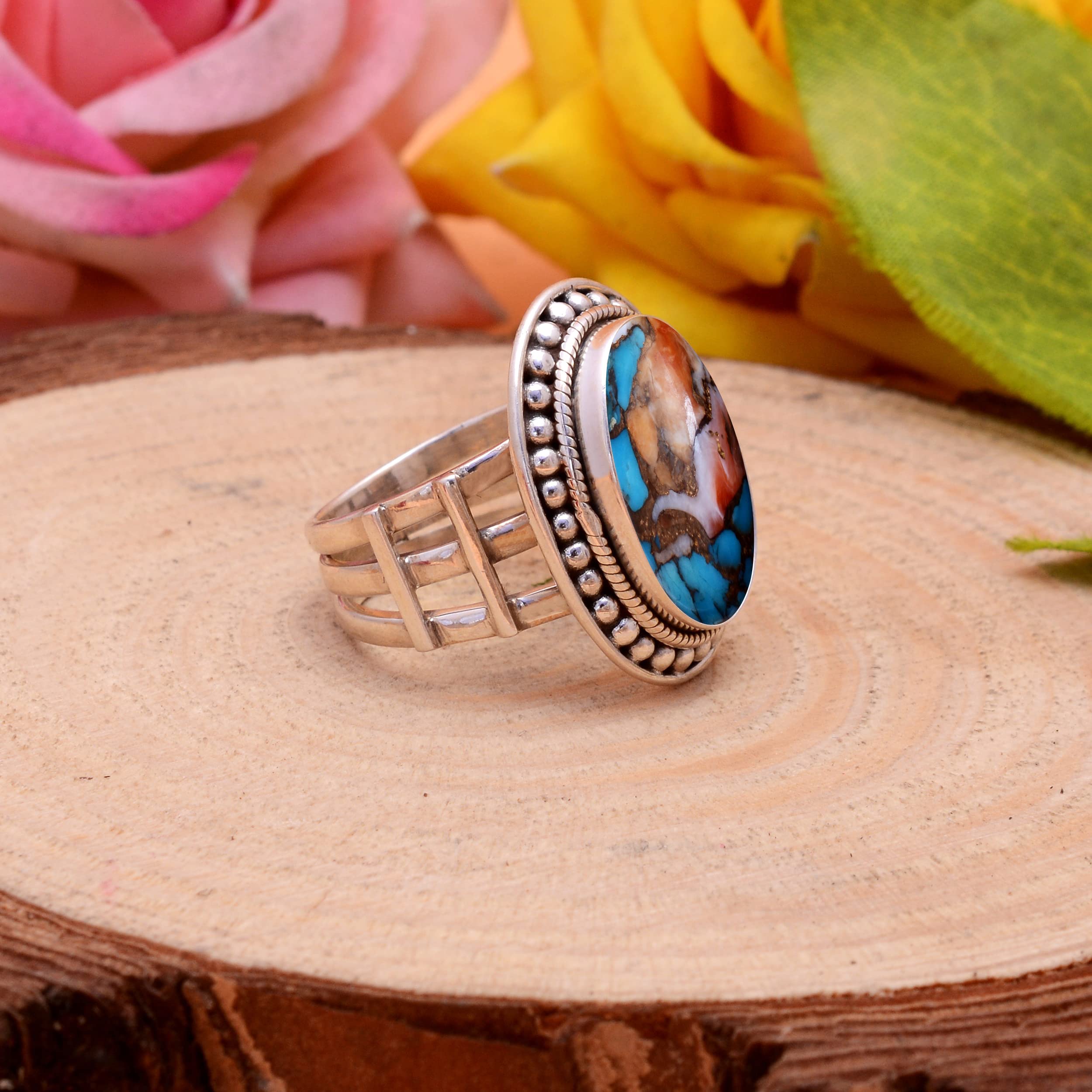 Veracity Jewelry 925 Sterling Silver Oyster Copper Turquoise Ring for Women - Kingman Mojave Spiny Oyster Healing Meditation Jewelry - Multi-Color Turquoise Gemstone Ring (VSR-35) | Perfect for Boho Fashion, Spiritual Healing & Everyday Wear