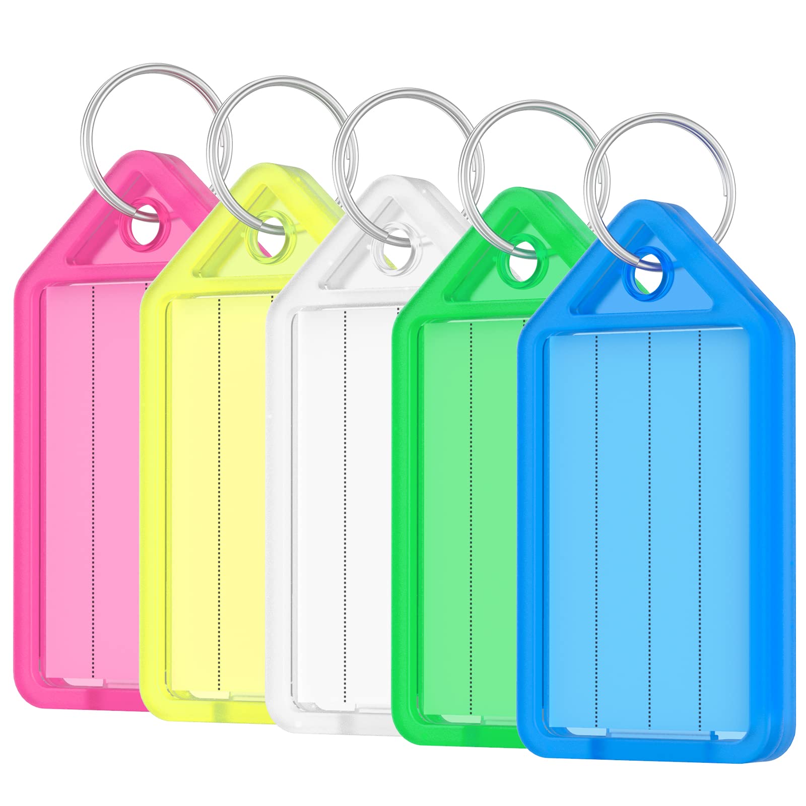 Uniclife 20-Piece 2-Inch Plastic Key Tags with Blank Paper Labels, Transparent Covers & Split Rings - Durable Keychain Identifiers in 5 Colors - Perfect for Home, Office & Travel Organization