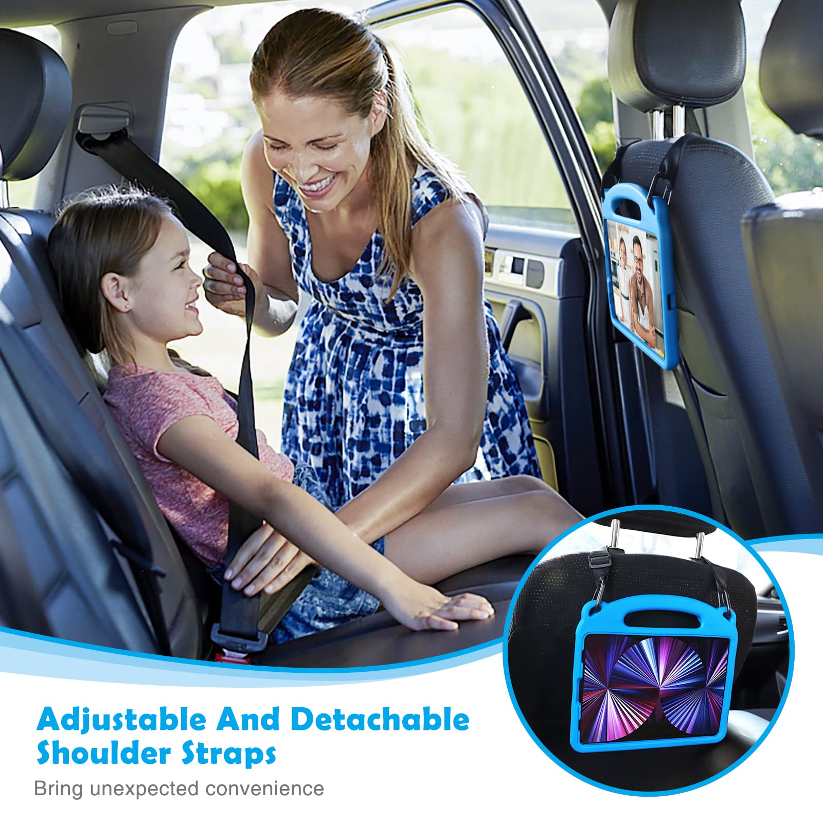 Shockproof Kids iPad Air 4/5 (10.9 Inch 2020/2022) & iPad Pro 11 (2018-2022) Case with Adjustable Shoulder Strap - Durable Protective Cover for School, Travel & Play (Blue)