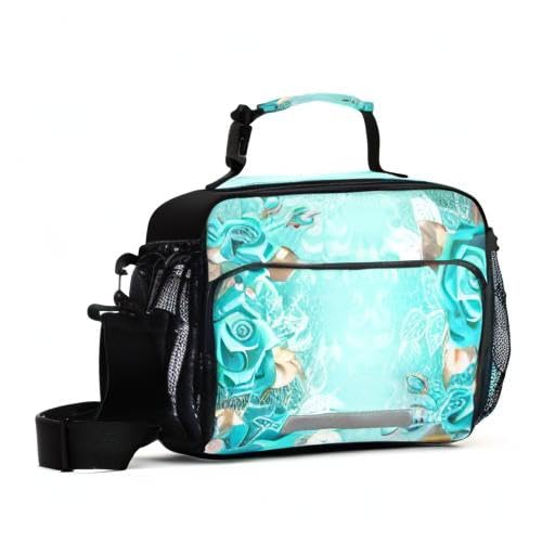ALAZA Insulated Lunch Bag for Women & Men - Reusable Tote Cooler Bag with Adjustable Shoulder Strap, Elegant Lace Turquoise Roses White Gold Design | Perfect for Work, School, Picnics & Outdoor Activities