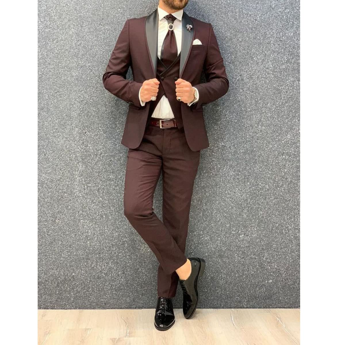 Men's Slim Fit 3-Piece Tuxedo Suit Set - Wedding Groomsmen Formal Blazer, Vest & Tapered Pants for Parties, Prom & Special Occasions