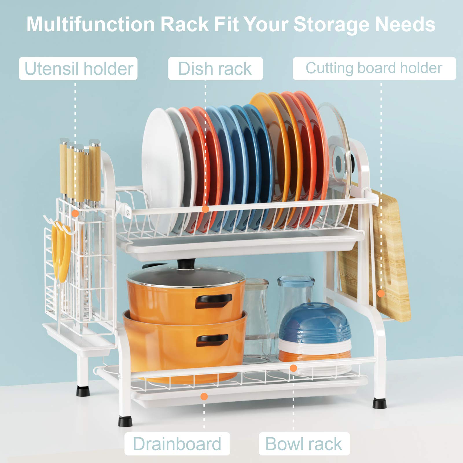 iSPECLE 2-Tier Stainless Steel Dish Drying Rack with Utensil Holder & Cutting Board Storage | Premium 304 Steel Kitchen Counter Organizer | Space-Saving Dish Drainer for Small Kitchens & Apartments