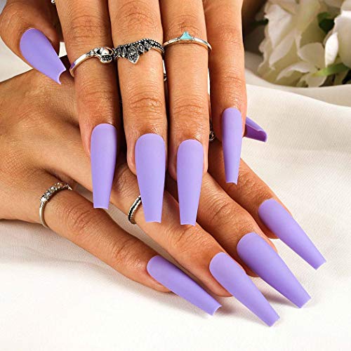 Gangel 24Pcs Purple Matte Press on Nails - Long Coffin Ballerina Fake Nails with Full Cover, Acrylic False Nails for Women & Girls | Perfect for Daily Wear, Parties, Weddings & Special Occasions