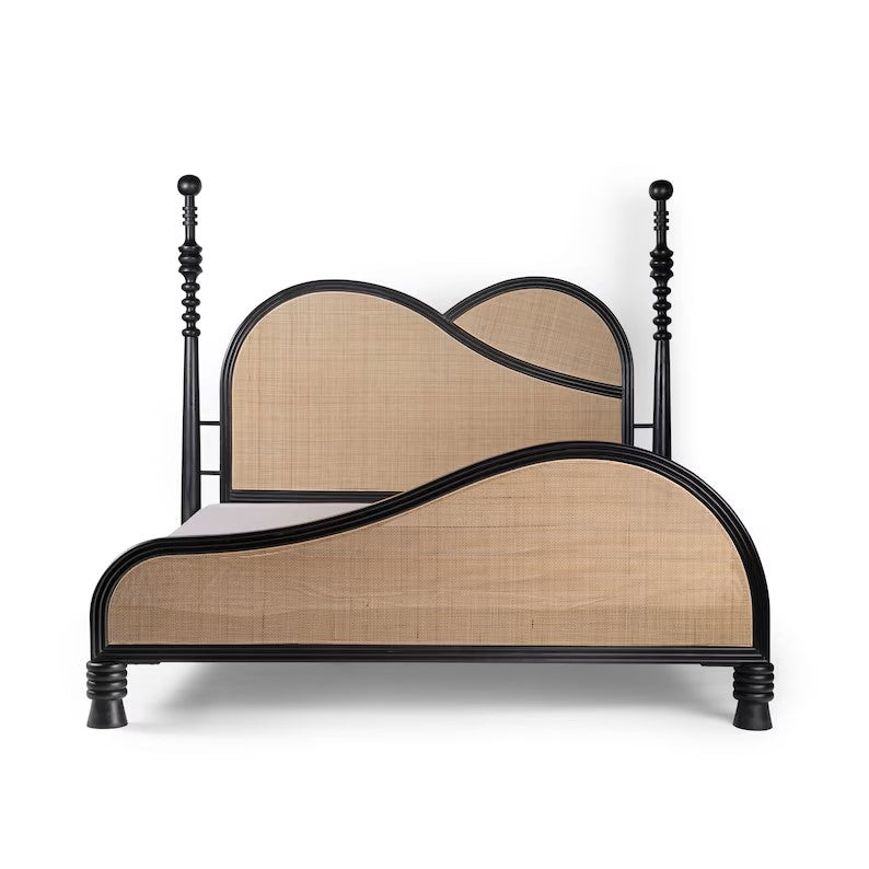 Hand Carved Indian Rattan Solid Mango Wood Poster Bed - Elegant Boho Bedroom Furniture for Master Suite & Guest Room Decor