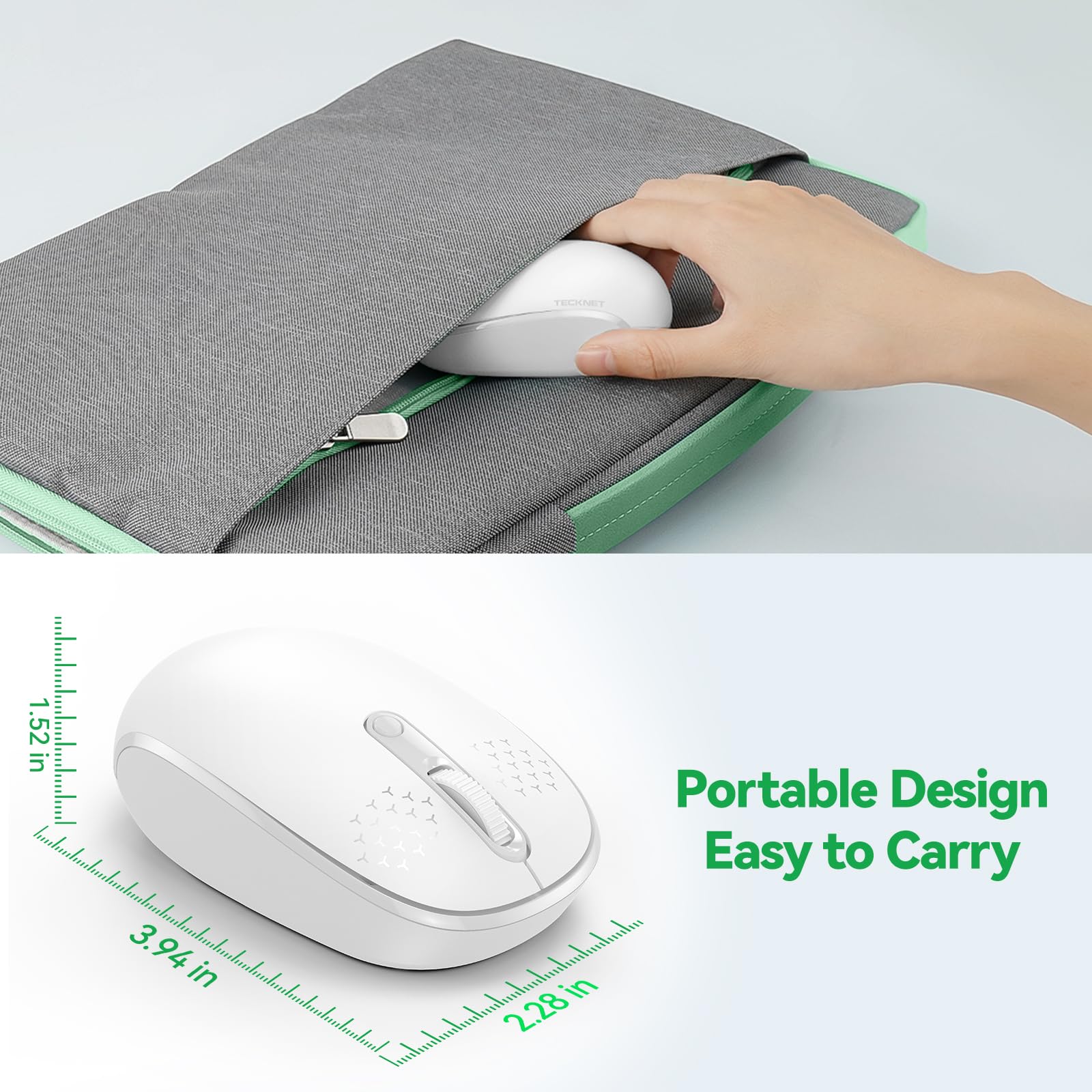 TECKNET 2.4G Wireless Quiet Mouse for Laptop, PC, Mac, Chromebook - 4 Buttons, USB Receiver, 800/1200/1600 DPI, Portable Cordless Design - White | Ideal for Office, Home, and Travel Use