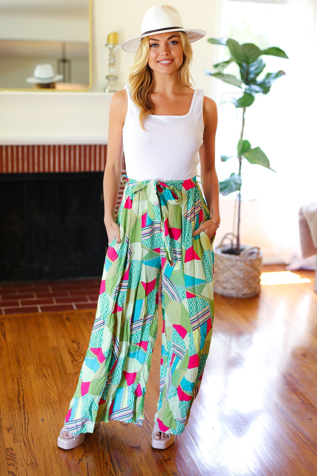 Feeling Couture Ivory & Mint Geo Print Wide Leg Jumpsuit - Women's Fashion Romper for Casual Outings, Beach Vacations & Summer Parties