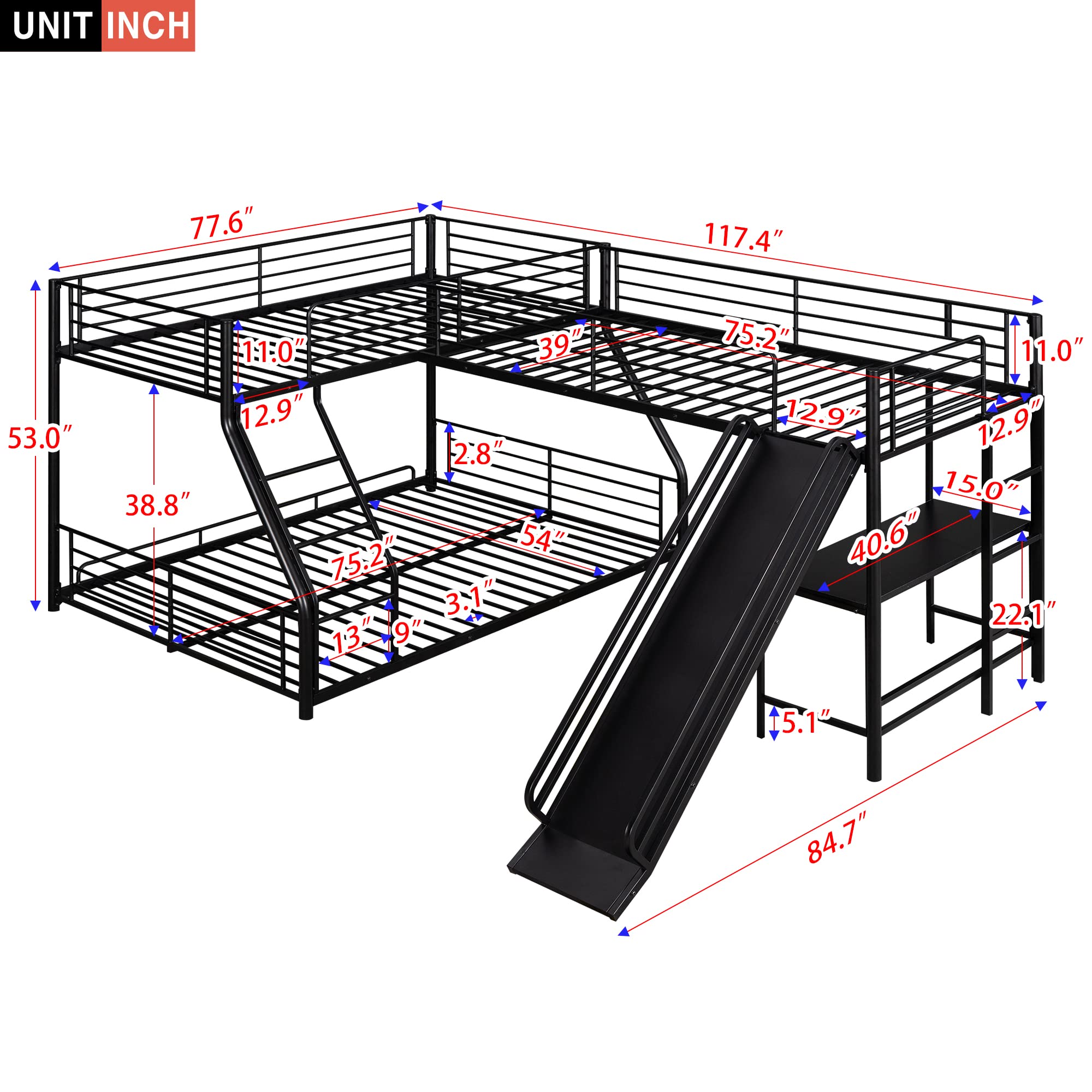 BOVZA L-Shaped Triple Bunk Bed - Twin Over Full Metal Bunk Beds for 3 Kids with Built-in Desk & Slide - Space-Saving Kids Bedroom Furniture for Small Rooms & Shared Spaces - Black