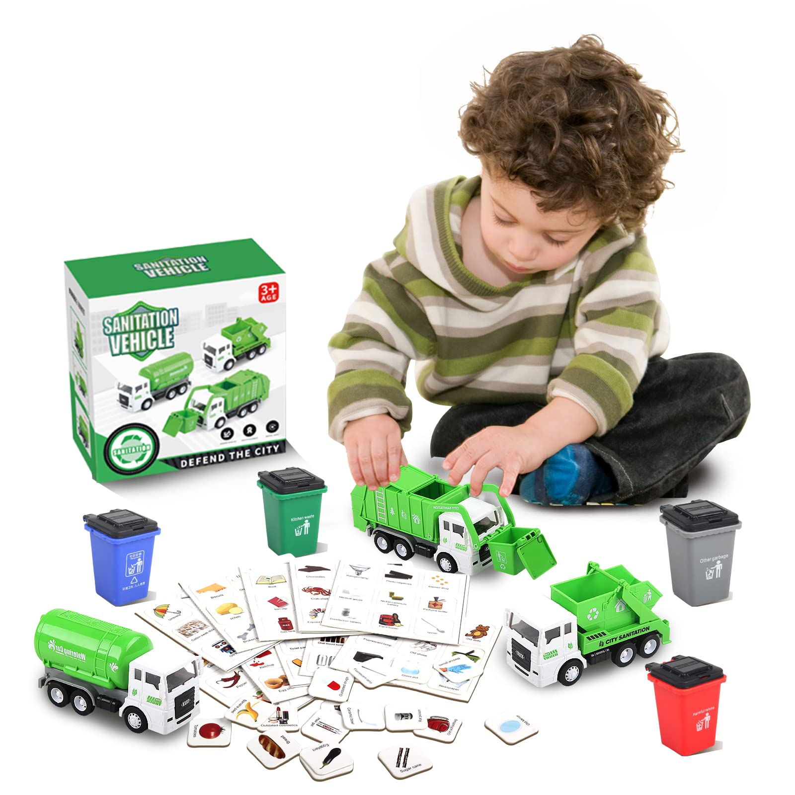 **Y.L. DOYMX Garbage Truck Toy Set - 3 Pack Friction Powered Waste Management Trucks with Front Load Dumpster & Back Dump, Includes 4 Trash Bins & 108 Trash Cards - Perfect Gift for Kids Ages 3+ | Pretend Play, Recycling Education & Role-Playing Fun**