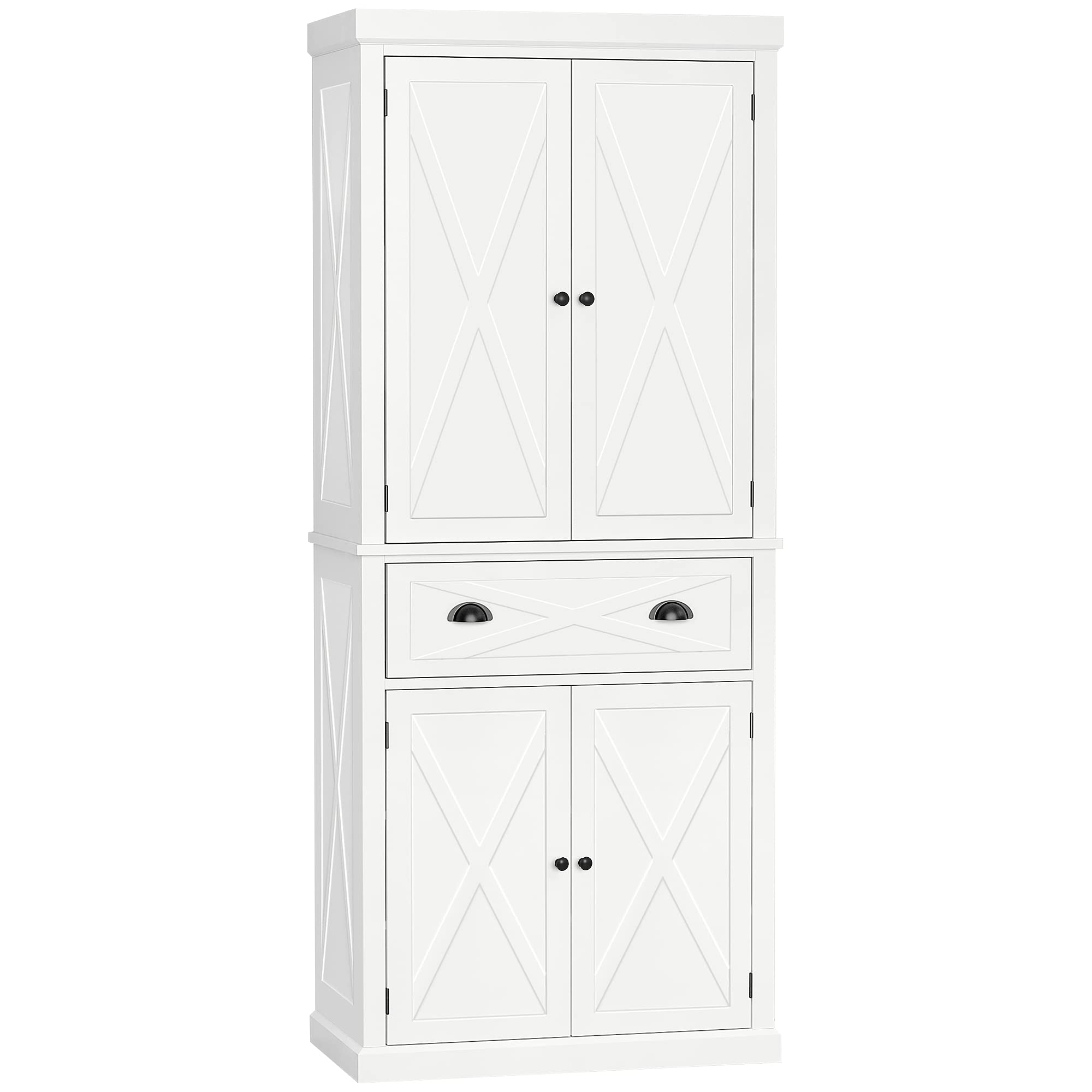 HOMCOM 72 Inch White Kitchen Pantry Cabinet - Freestanding Storage Cupboard with 4 Doors, 3 Adjustable Shelves & Large Drawer - X-Frame Design for Dining Room, Kitchen Organization & Home Storage