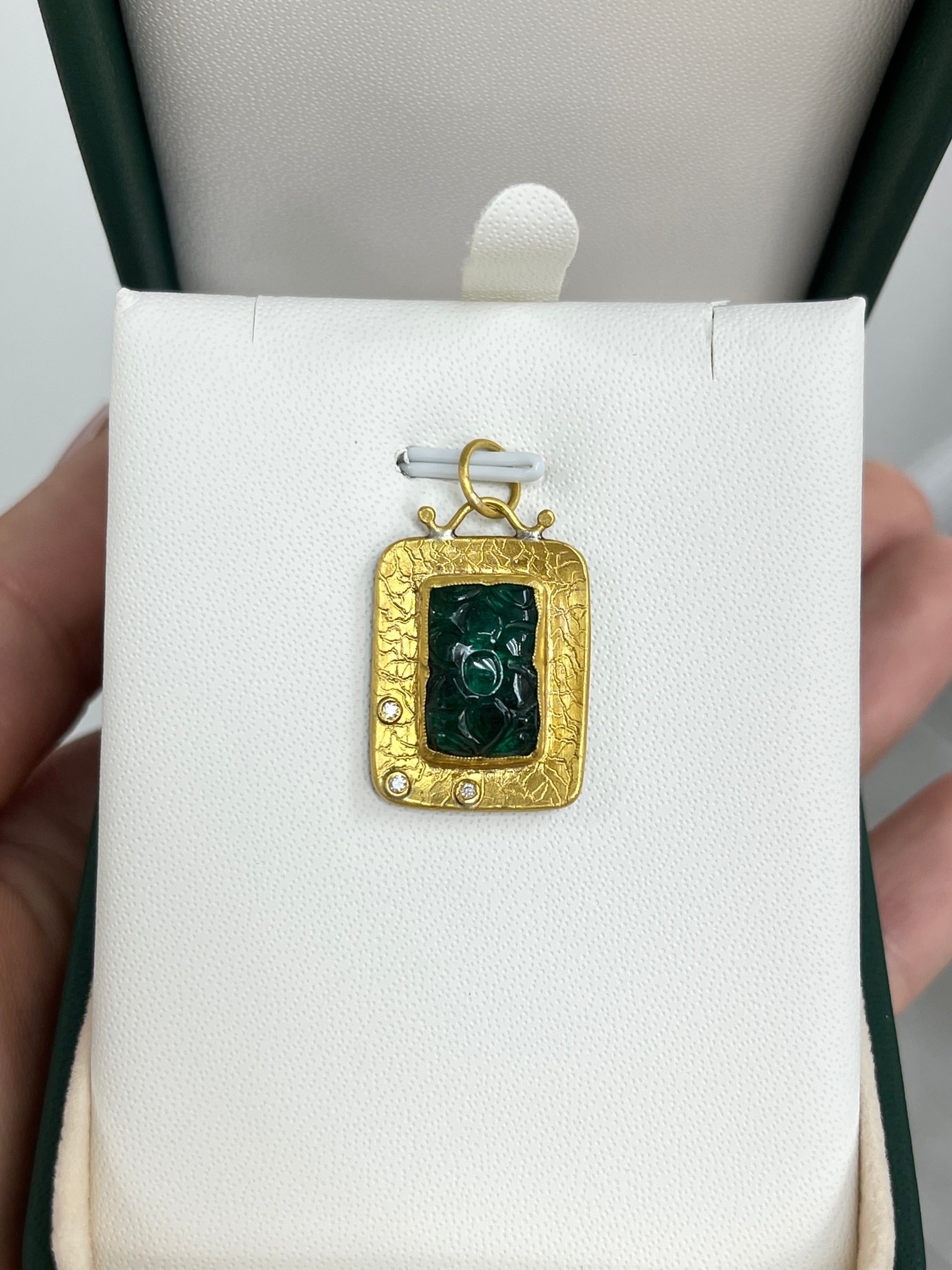 6.35 Carat Floral Hand-Carved Emerald & Diamond 24K Gold Pendant Necklace for Women | Elegant Jewelry Gift for Anniversary, Wedding & Special Occasions