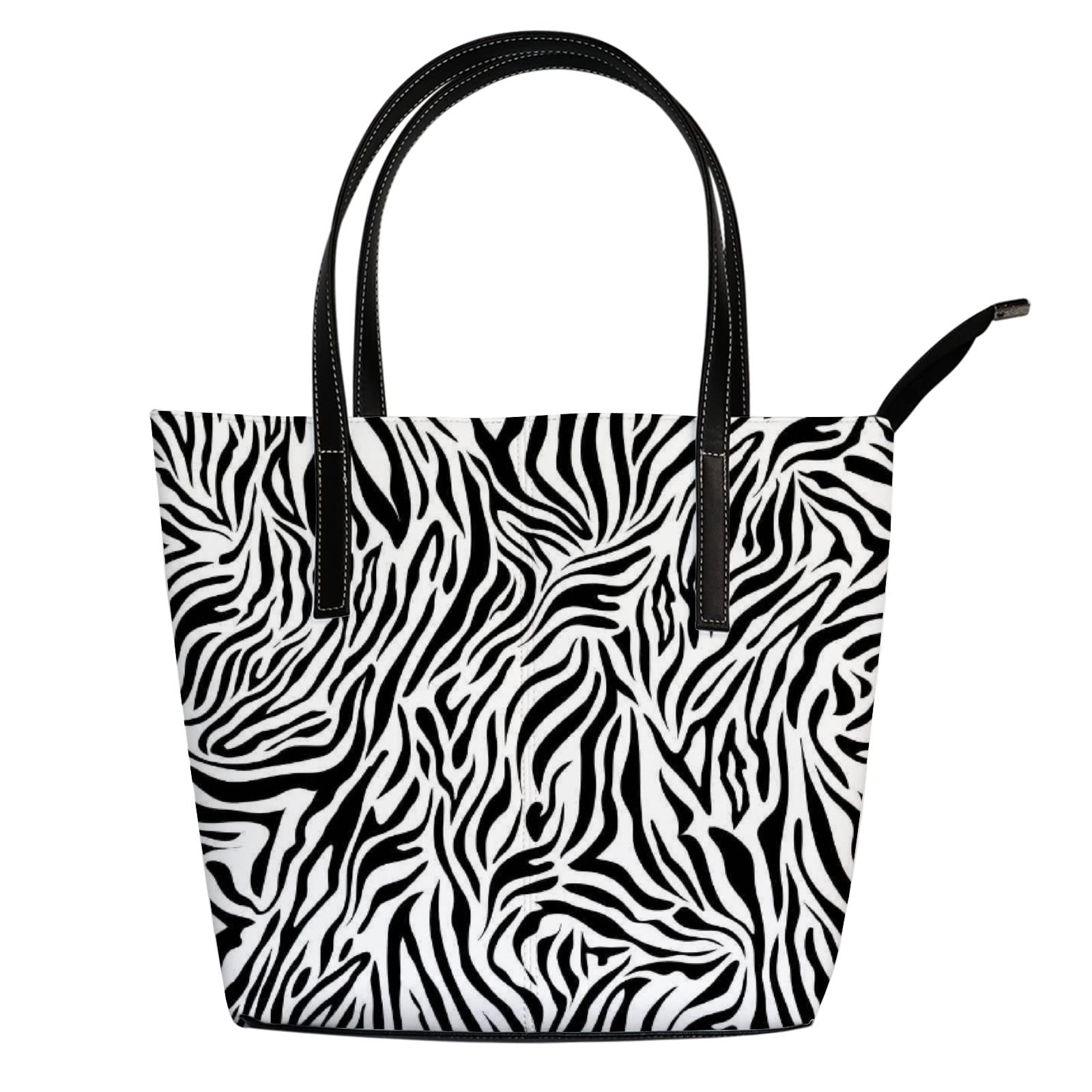Vintage Black and White Abstract Zebra Print Leather Tote Bag for Women - Stylish Crossbody & Work Handbag with Secure Zipper Closure | Perfect for Office, Travel & Everyday Use