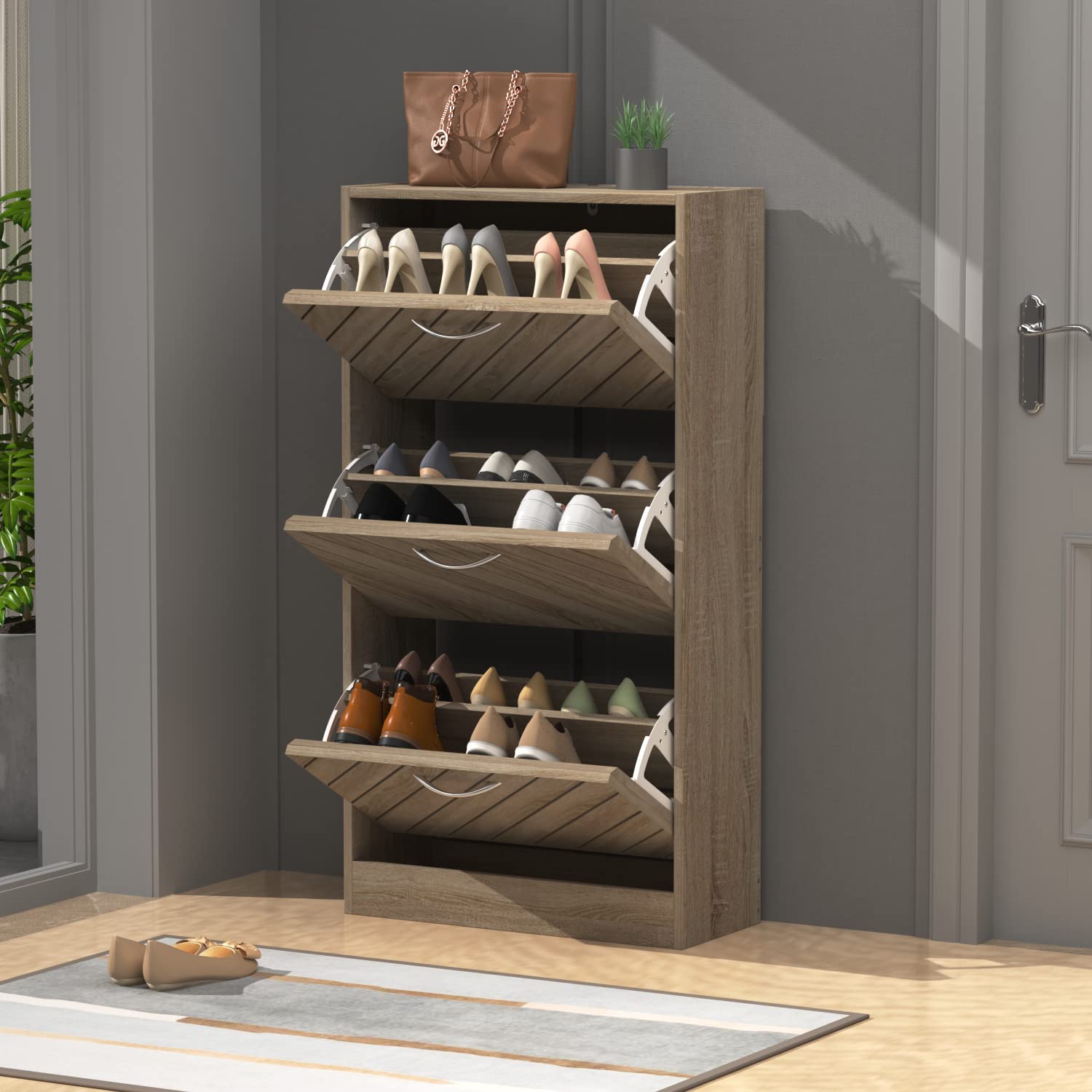 AIEGLE 3-Tier Shoe Cabinet - Wooden Entryway Shoe Organizer with Adjustable Shelves for Home & Office