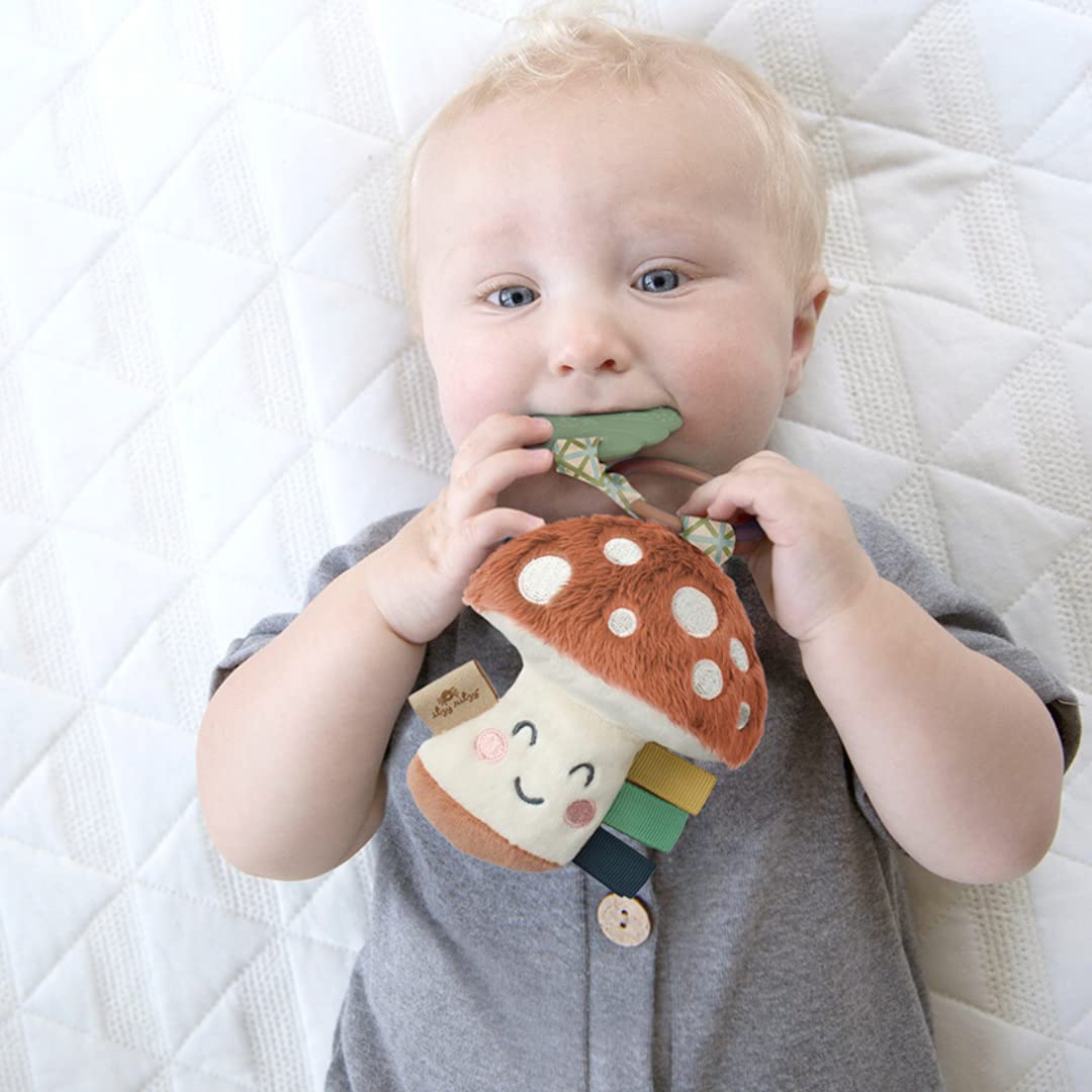 Itzy Ritzy Infant Toy & Teether - Mushroom-Shaped Baby Teething Toy with Lovey, Crinkle Sound, Textured Ribbons & Silicone Teether for Newborns & Infants | Perfect for Soothing Sore Gums, Sensory Play & On-the-Go Comfort