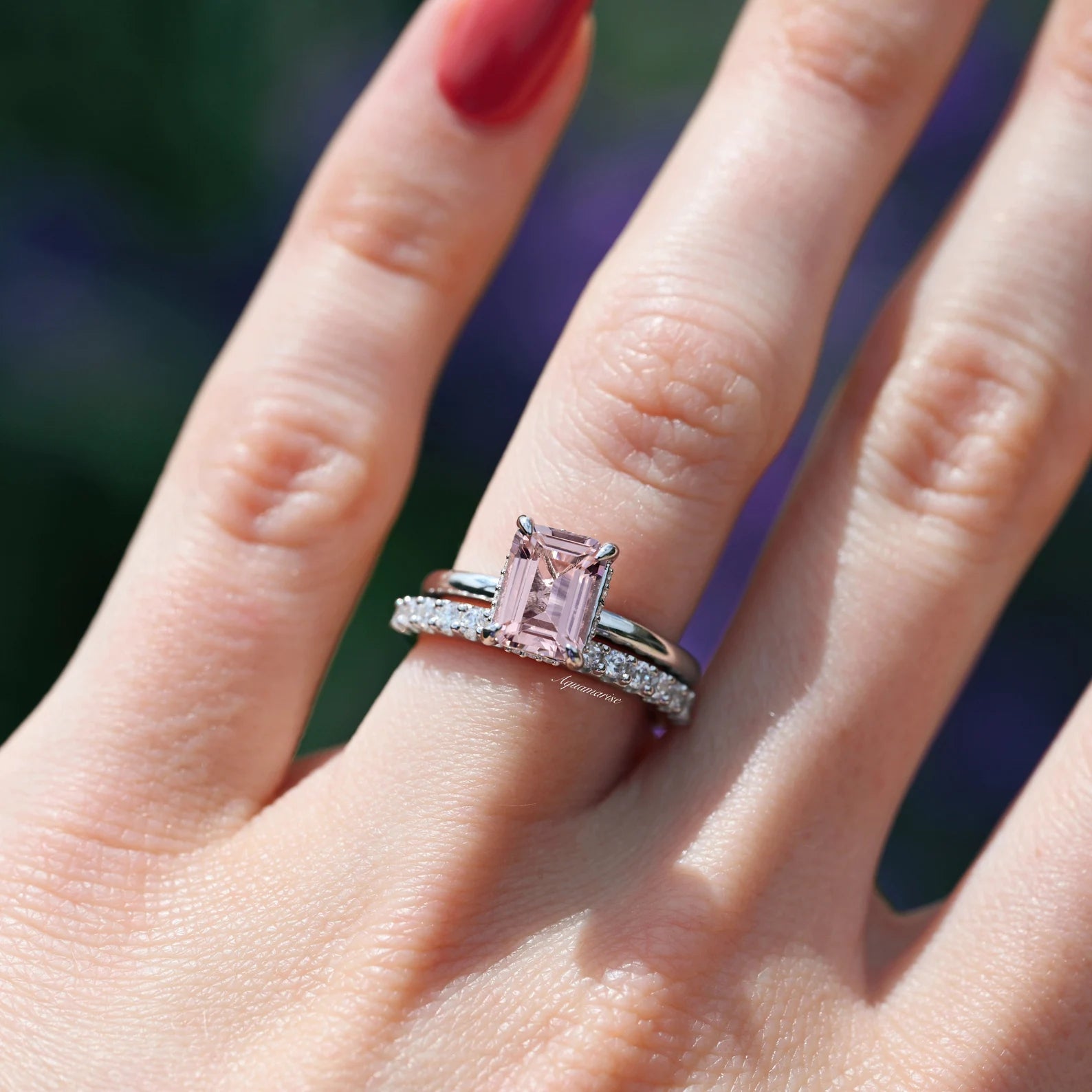 Hidden Halo Emerald Cut Morganite Engagement Ring Set in Sterling Silver - Perfect for Proposals, Anniversaries & Bridal Jewelry