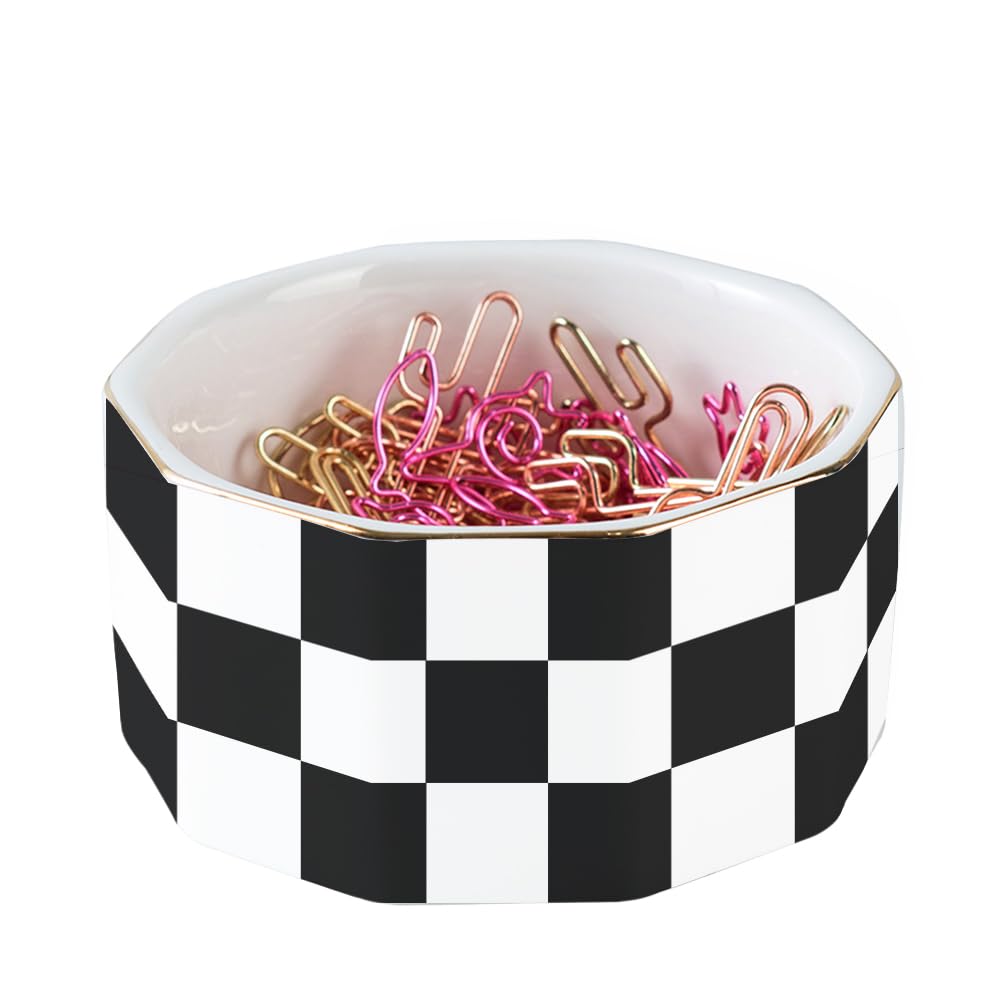 Ceramic Checkered Paper Clip Holder & Dispenser - Black Office Desk Organizer for Binder Clips, Paper Clips | Perfect for Office, School & Home Workspace Organization