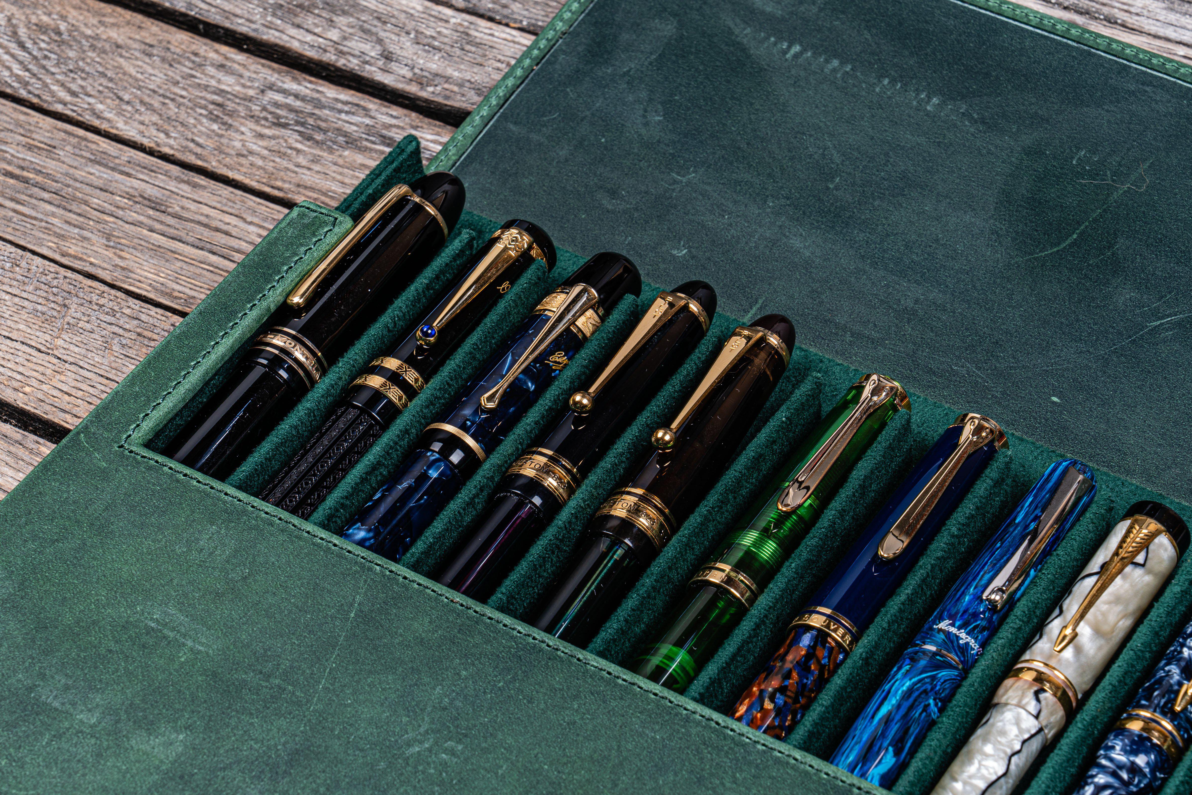 Premium Leather Magnum Opus 12-Slot Hard Pen Case with Removable Tray - Crazy Horse Forest Green | Luxury Fountain Pen Storage & Travel Organizer for Collectors & Writers