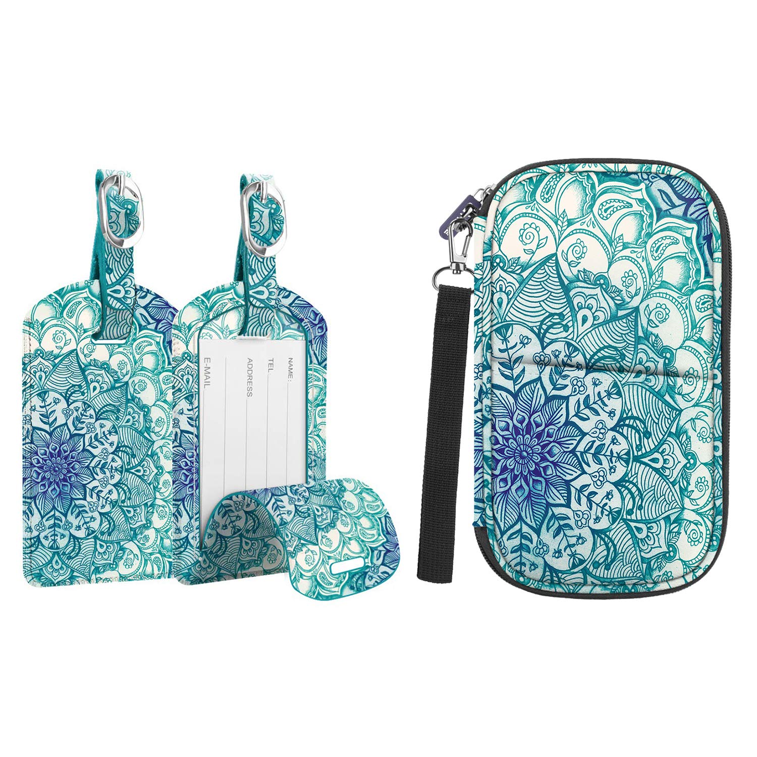 Fintie RFID Blocking Passport Holder & Luggage Tag Set - Travel Wallet Organizer with ID Labels for Suitcases & Bags (Emerald Illusions) | Perfect for International Travel, Business Trips & Vacation Accessories