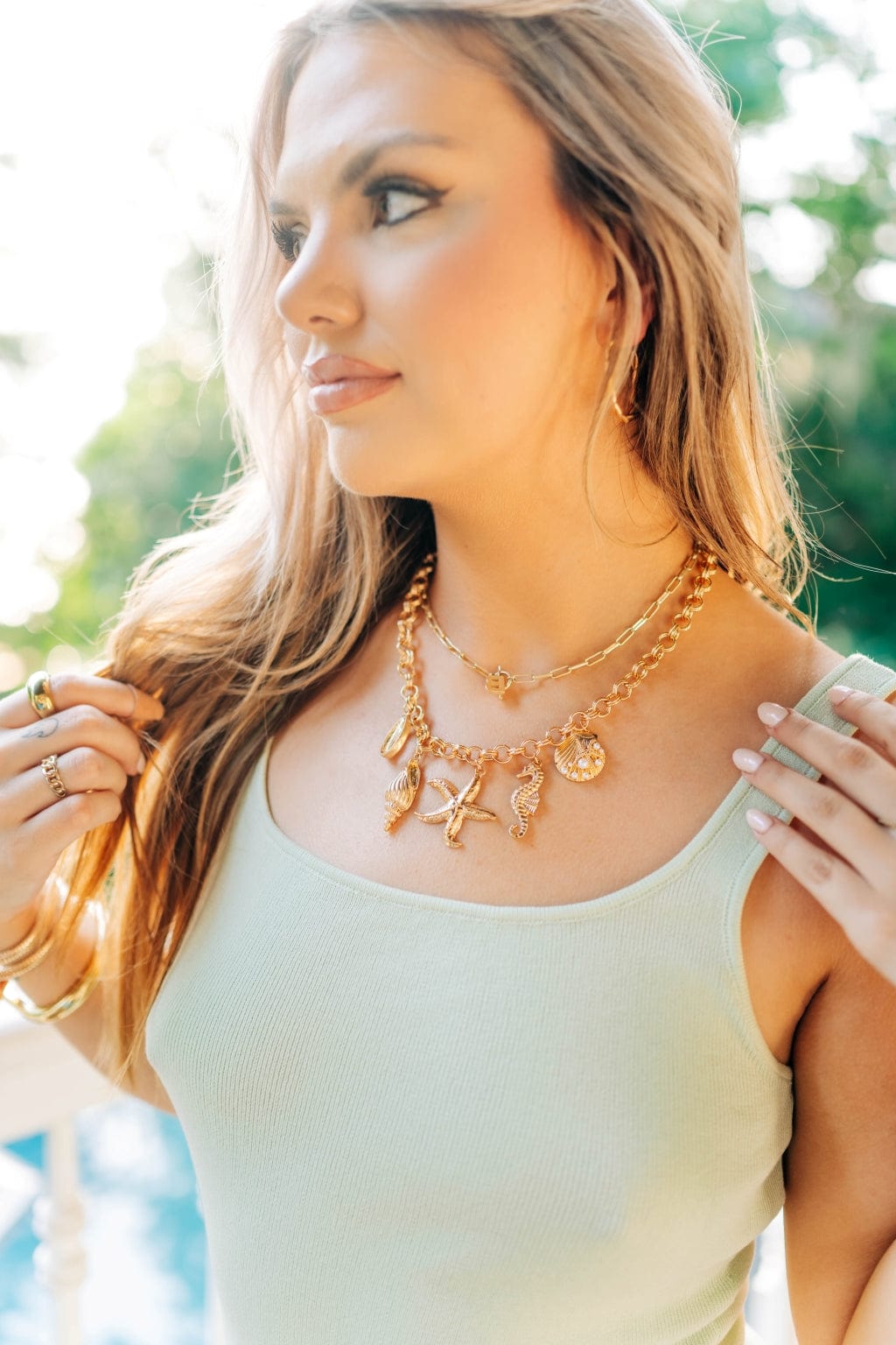 Gold Sealife Multi Charm Necklace - Ocean Themed Jewelry for Women - Perfect for Beach Vacations, Summer Outfits & Gift Giving