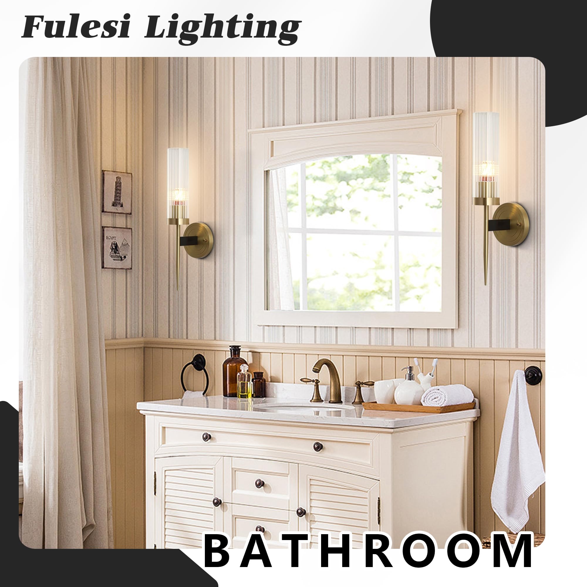 Modern Indoor Wall Sconces Set of 2 - Brushed Gold Vanity Lights with Clear Glass Shade - Farmhouse Wall Mount Lighting for Bedroom, Living Room, Hallway & Bathroom - Perfect for Ambient Lighting and Home Decor